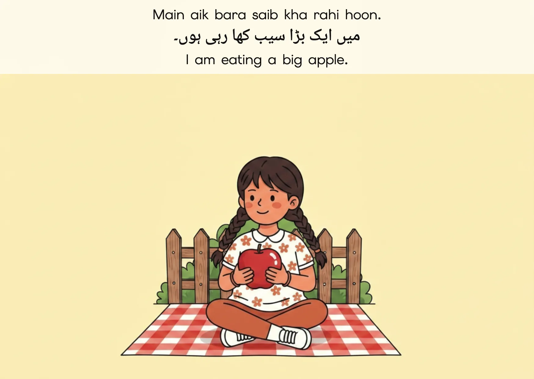 Flashcard: I am eating a big apple. (میں ایک بڑا سیب کھا رہی ہوں۔)