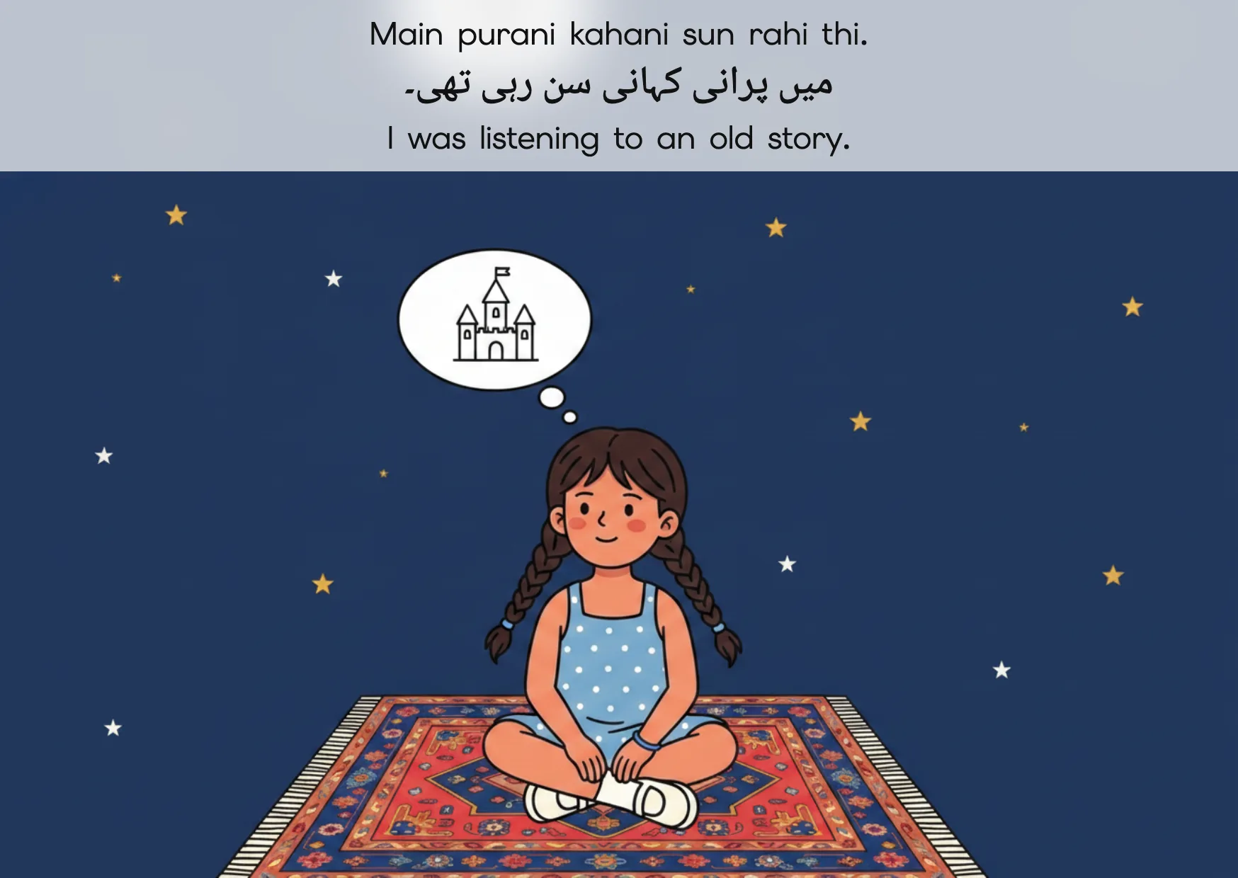 Flashcard: I was listening to an old story. (میں پرانی کہانی سن رہی تھی۔)