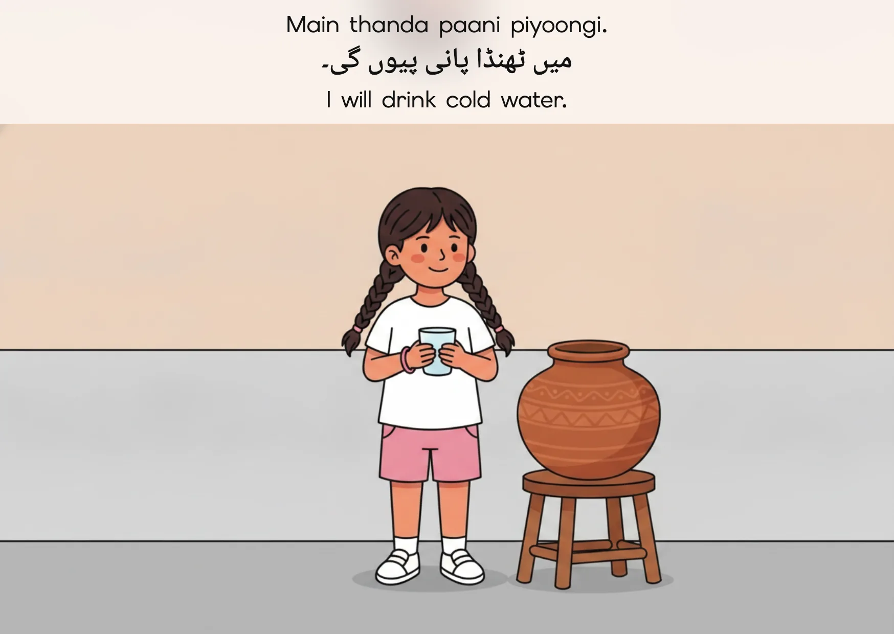 Flashcard: I will drink cold water. (میں ٹھنڈا پانی پیوں گی۔)