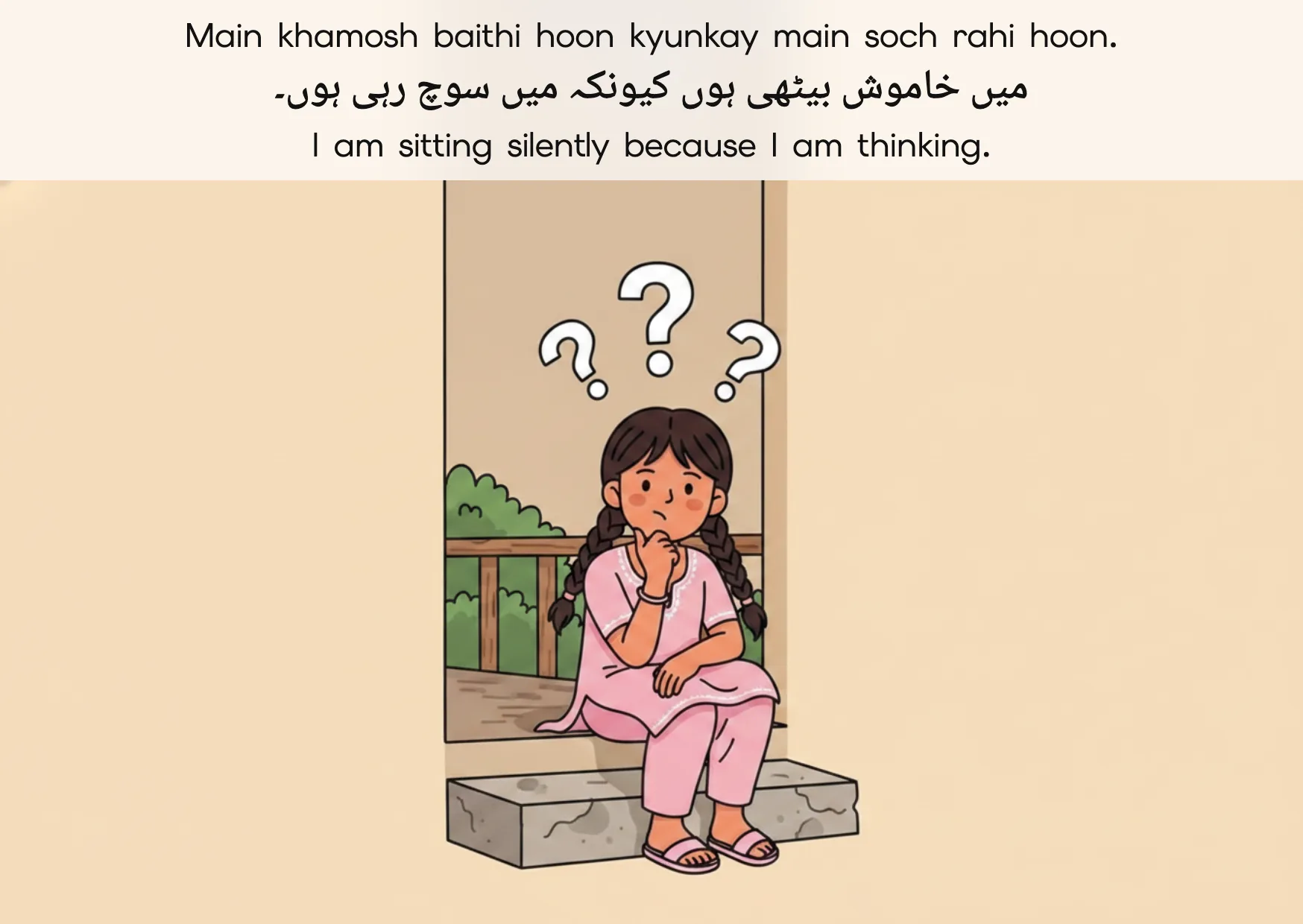 Flashcard: I am sitting silently because I am thinking. (میں خاموش بیٹھی ہوں کیونکہ میں سوچ رہی ہوں۔)