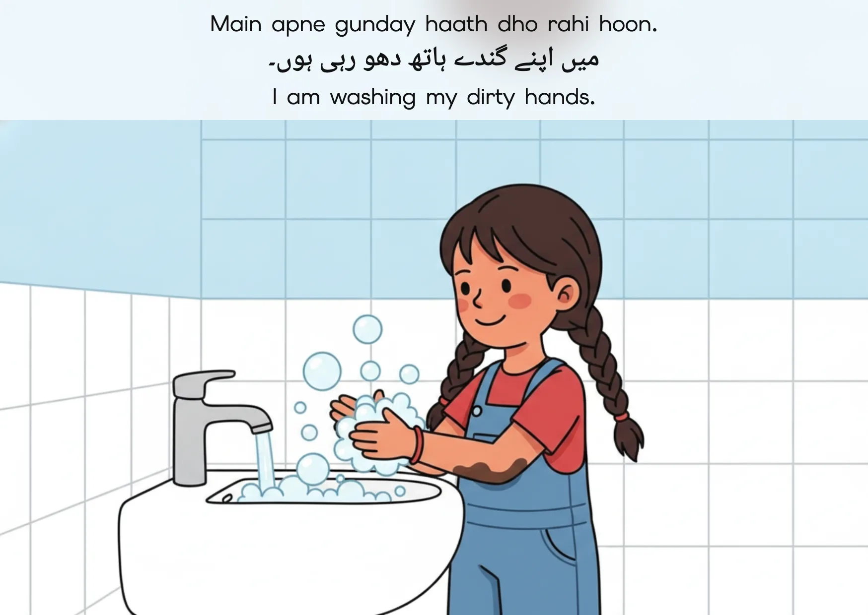 Flashcard: I am washing my dirty hands. (میں اپنے گندے ہاتھ دھو رہی ہوں۔)