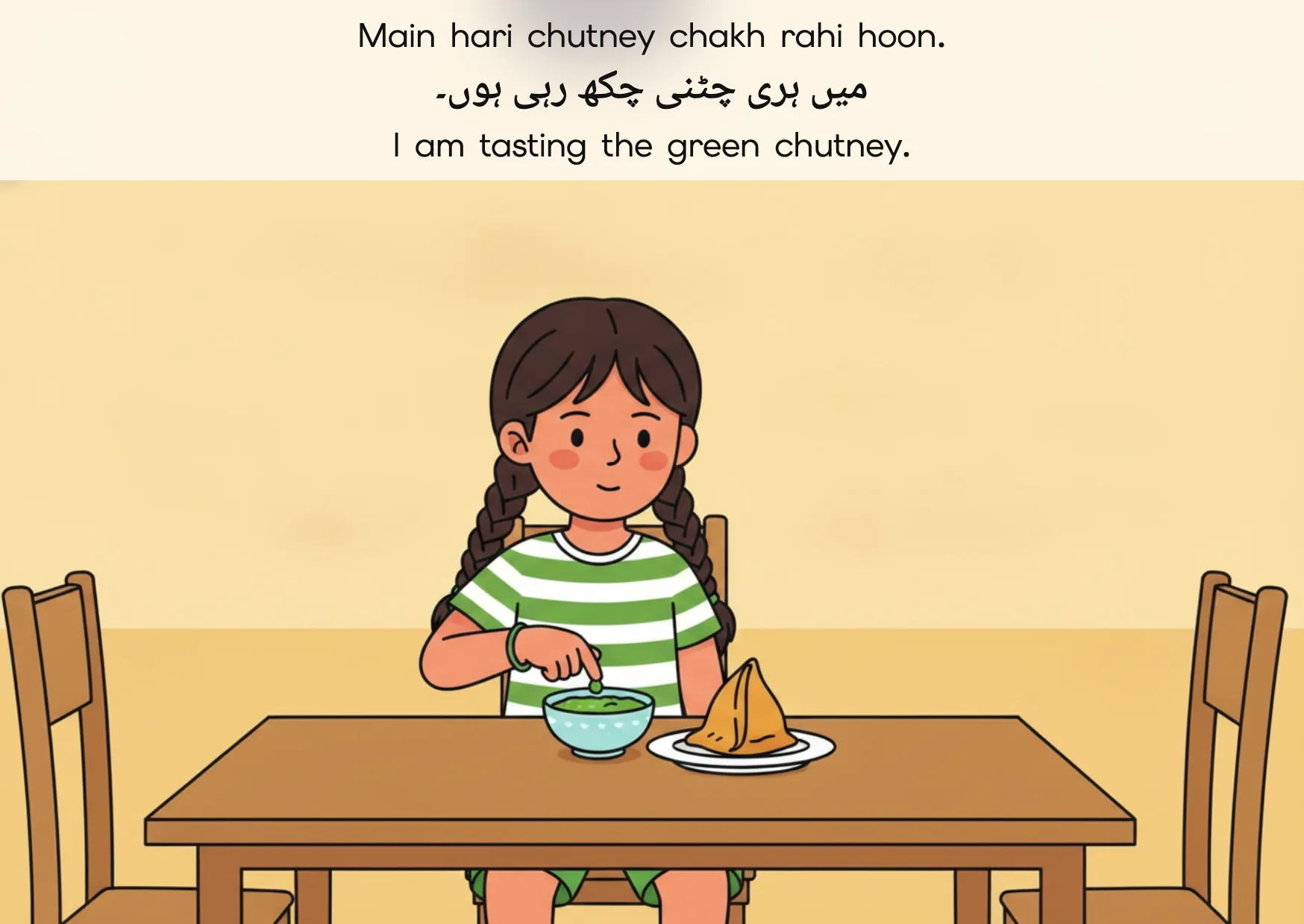 Flashcard: I am tasting the green chutney. (میں ہری چٹنی چکھ رہی ہوں۔)