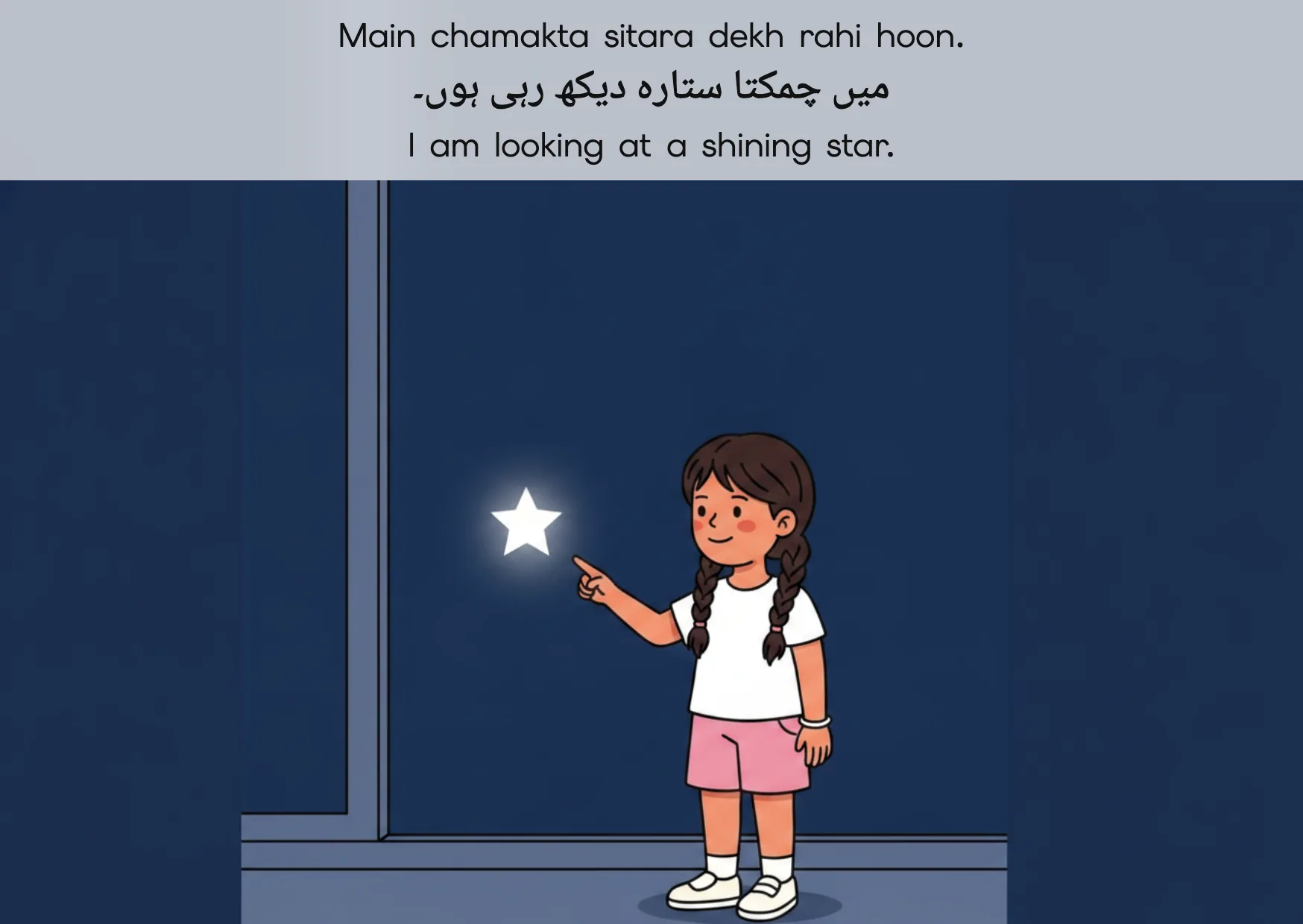 Flashcard: I am looking at a shining star. (میں چمکتا ستارہ دیکھ رہی ہوں۔)