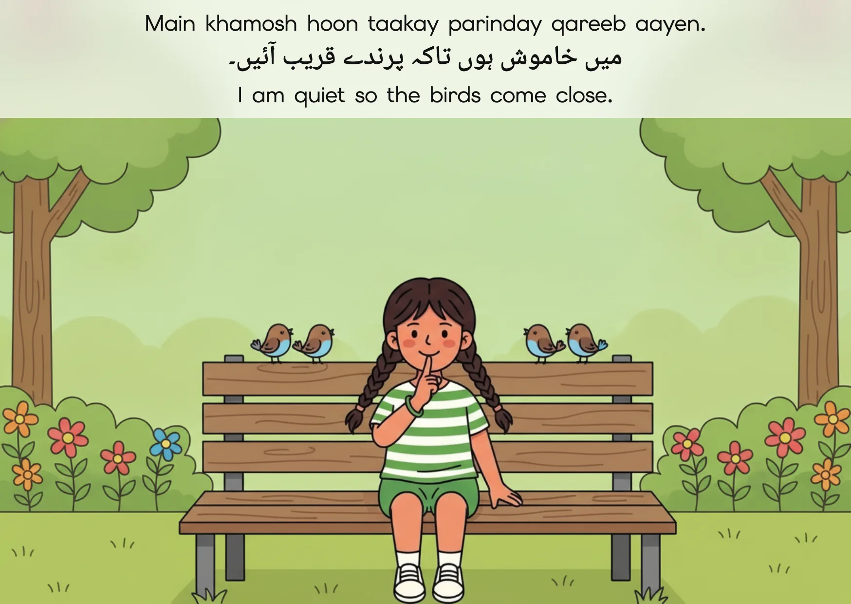 Flashcard: I am quiet so the birds come close. (میں خاموش ہوں تاکہ پرندے قریب آئیں۔)