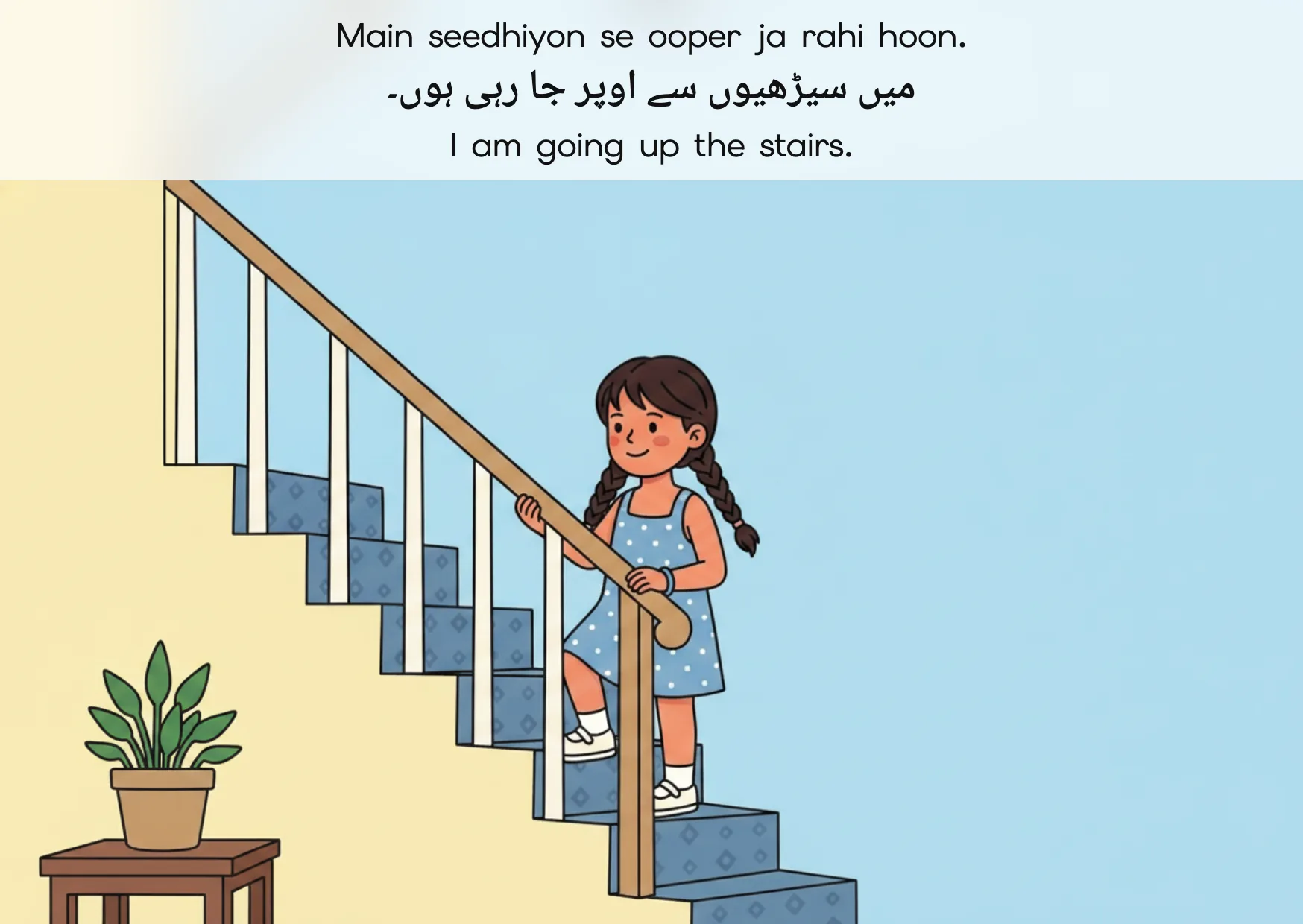 Flashcard: I am going up the stairs. (میں سیڑھیوں سے اوپر جا رہی ہوں۔)
