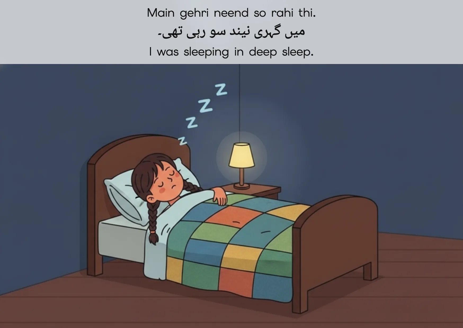 Flashcard: I was sleeping in deep sleep. (میں گہری نیند سو رہی تھی۔)
