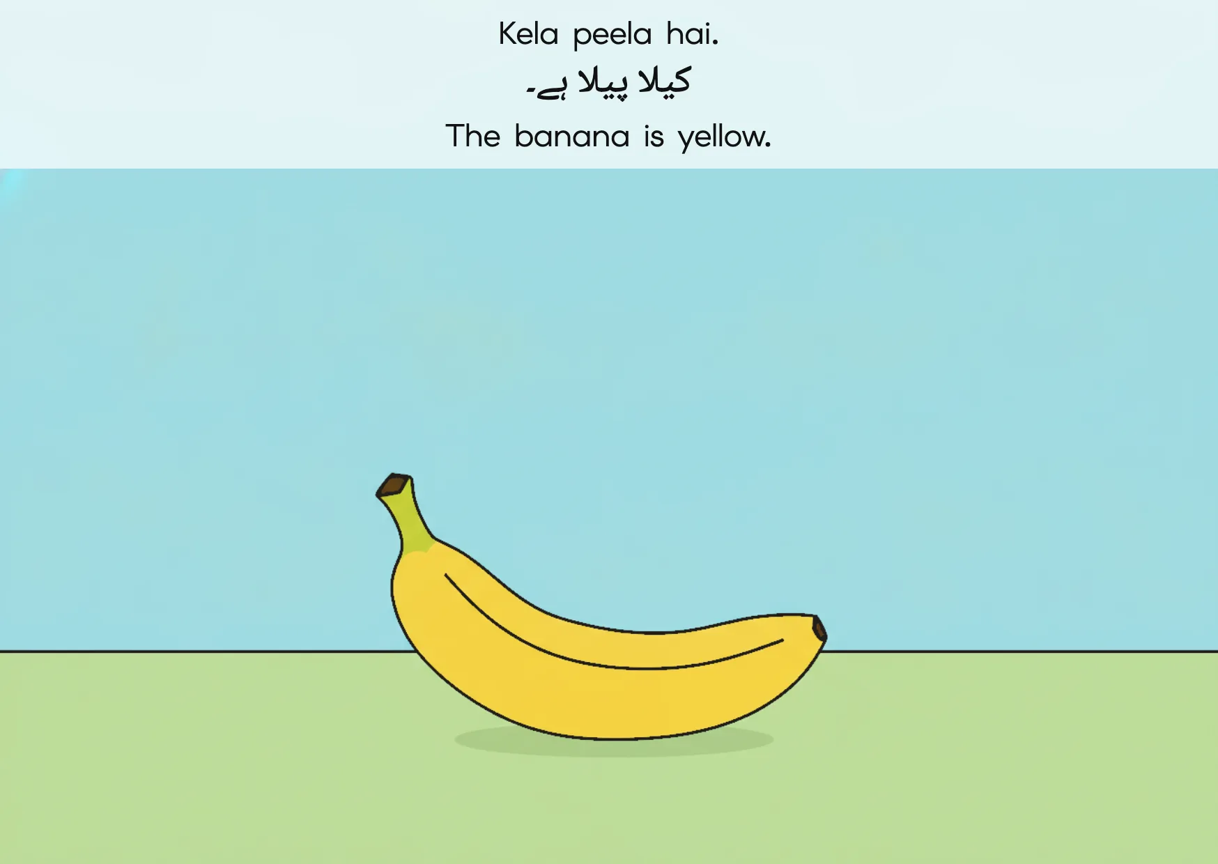 Flashcard: The banana is yellow. (کیلا پیلا ہے۔)