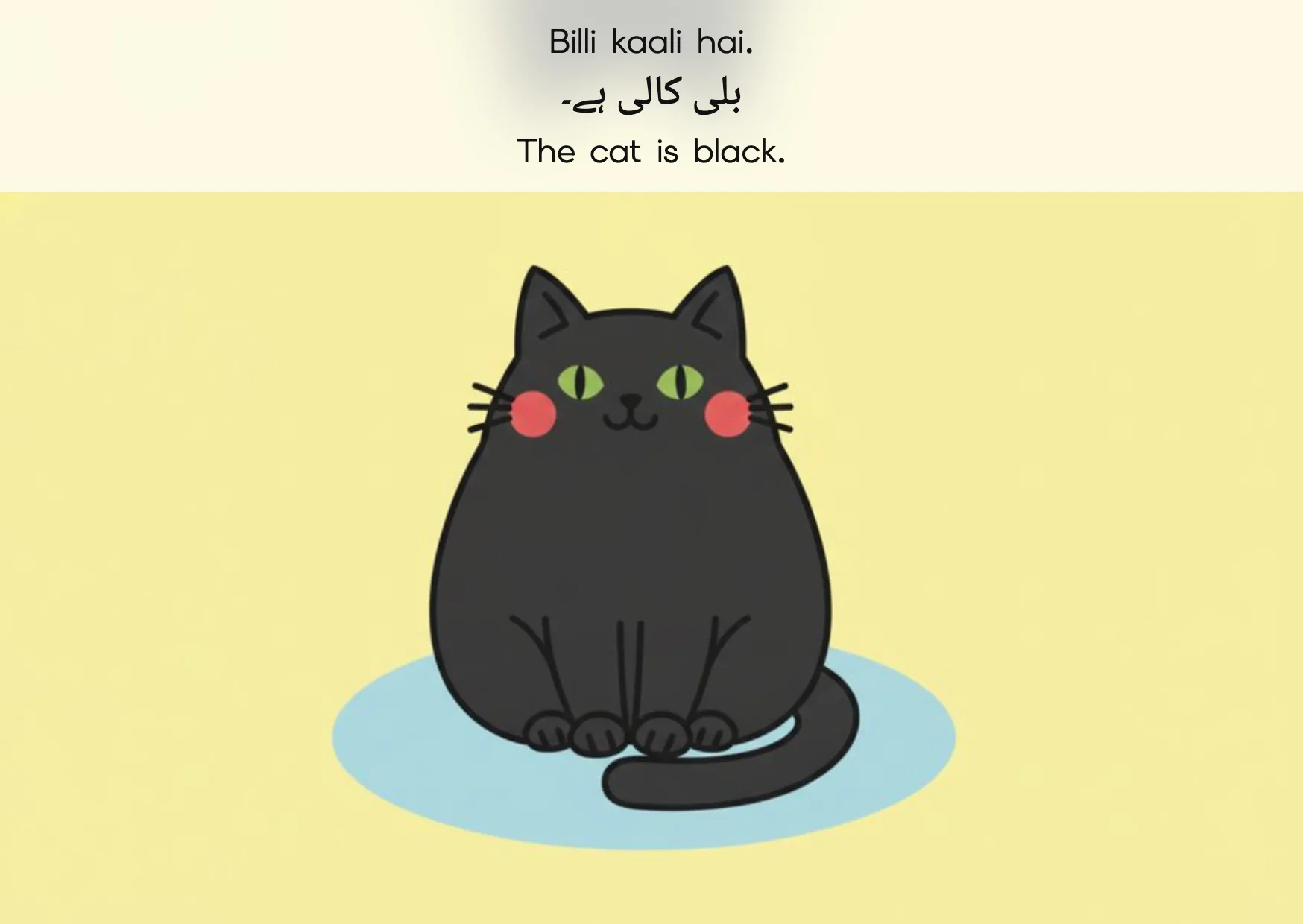 Flashcard: The cat is black. (بلی کالی ہے۔)