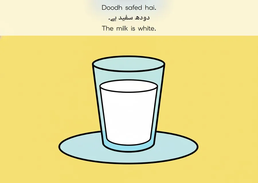 Flashcard: The milk is white. (دودھ سفید ہے۔)