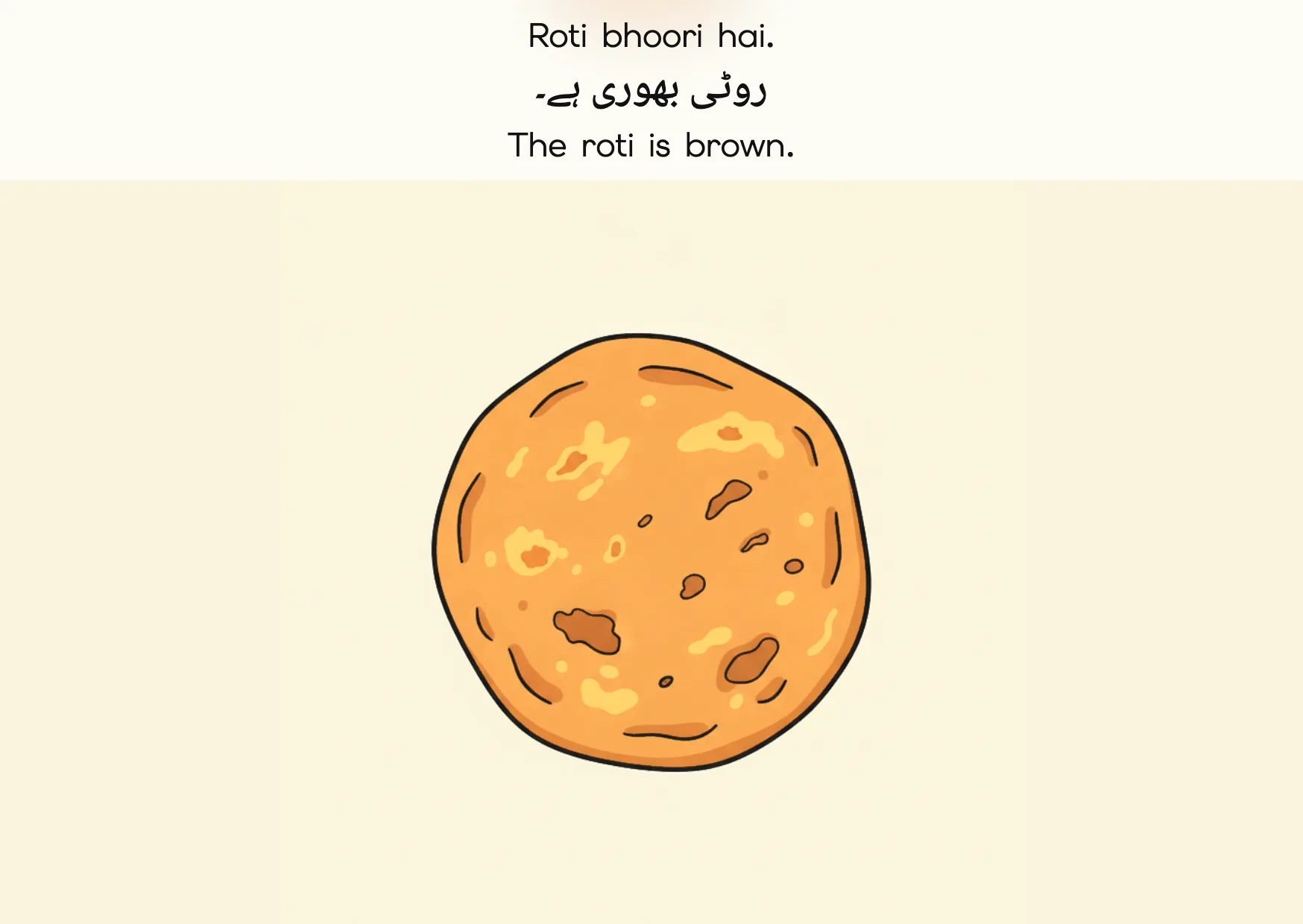 Flashcard: The roti is brown. (روٹی بھوری ہے۔)