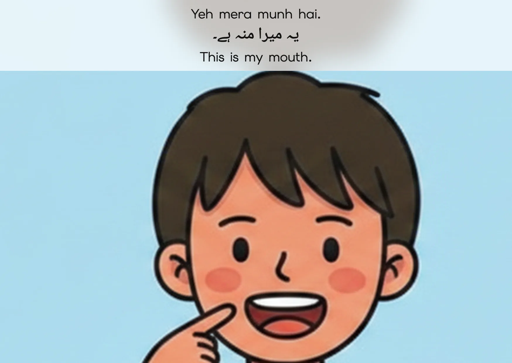 Flashcard: This is my mouth. (یہ میرا منہ ہے۔)