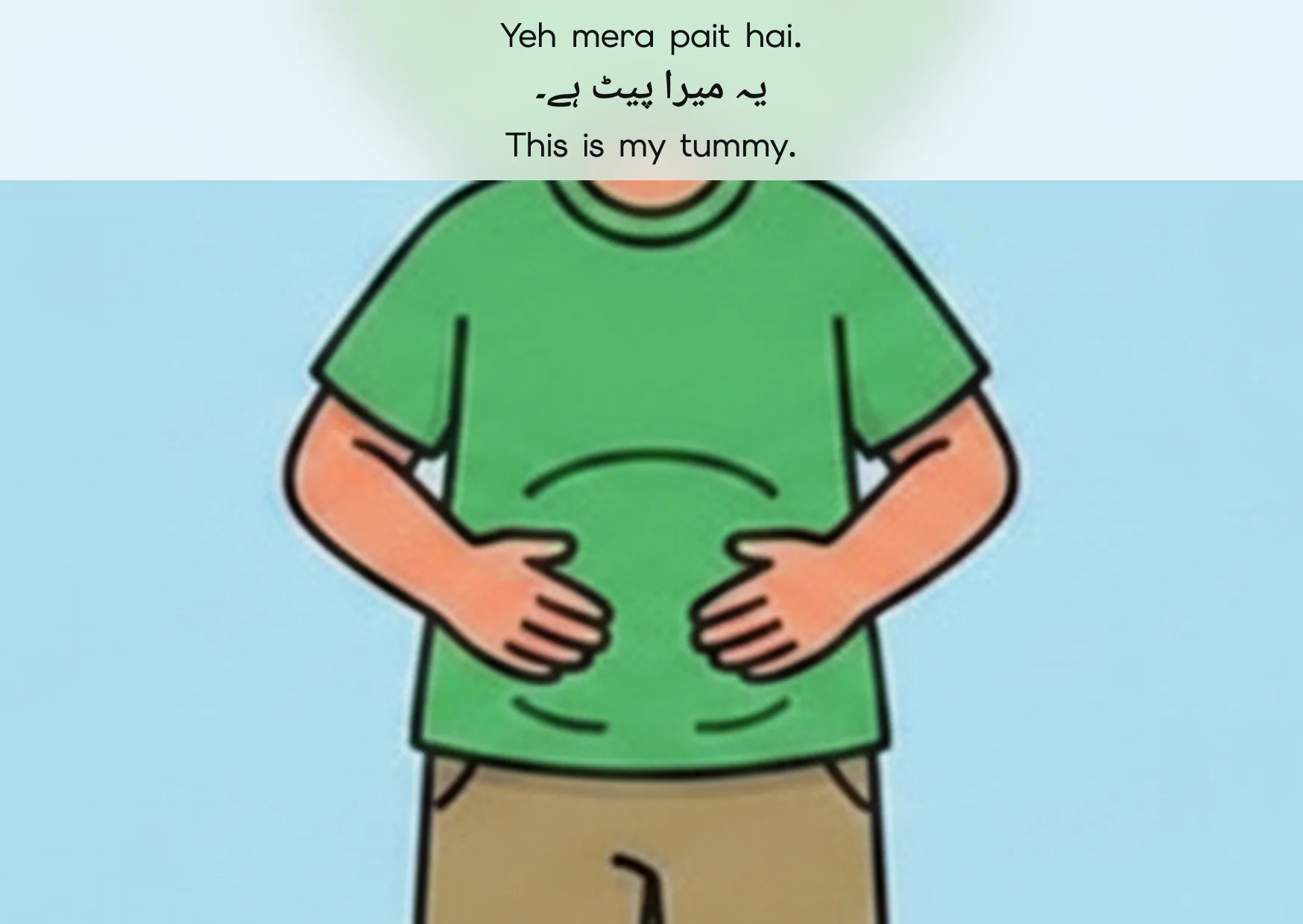 Flashcard: This is my tummy. (یہ میرا پیٹ ہے۔)