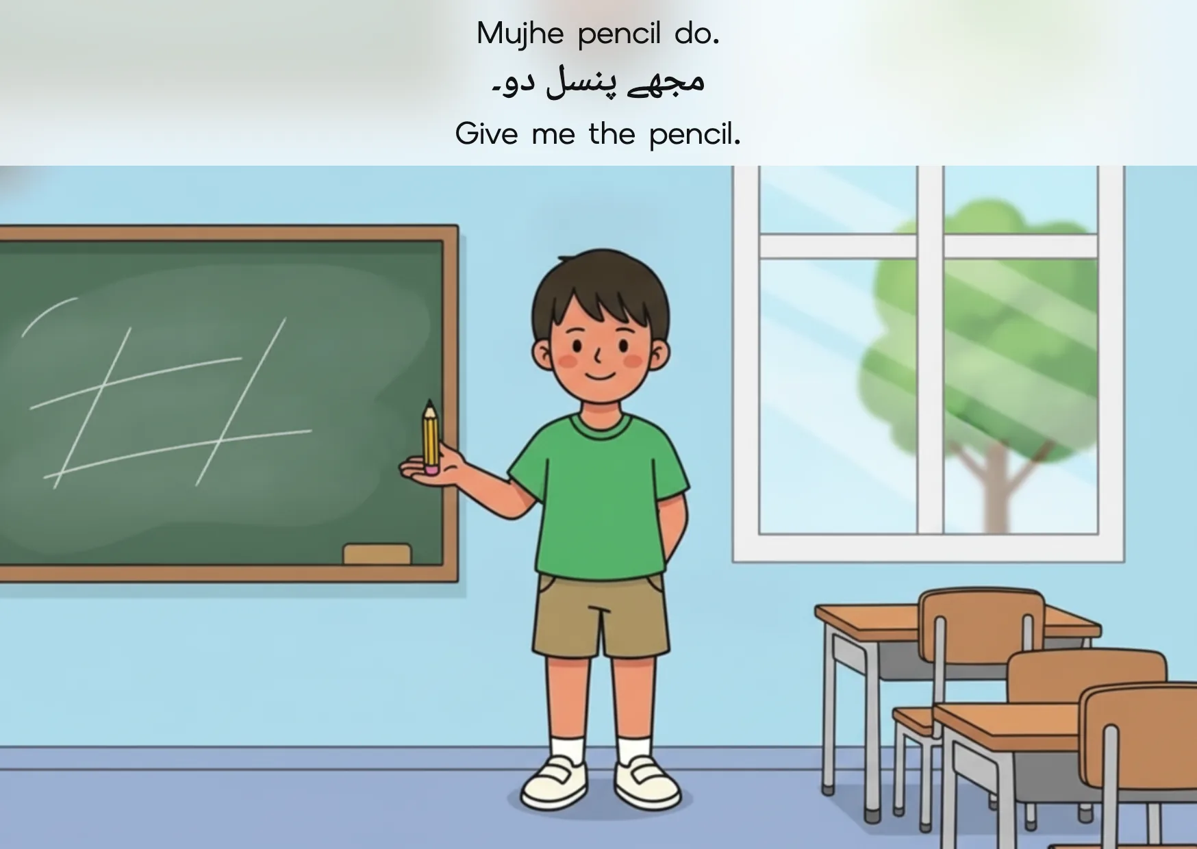 Flashcard: Give me the pencil. (مجھے پنسل دو۔)