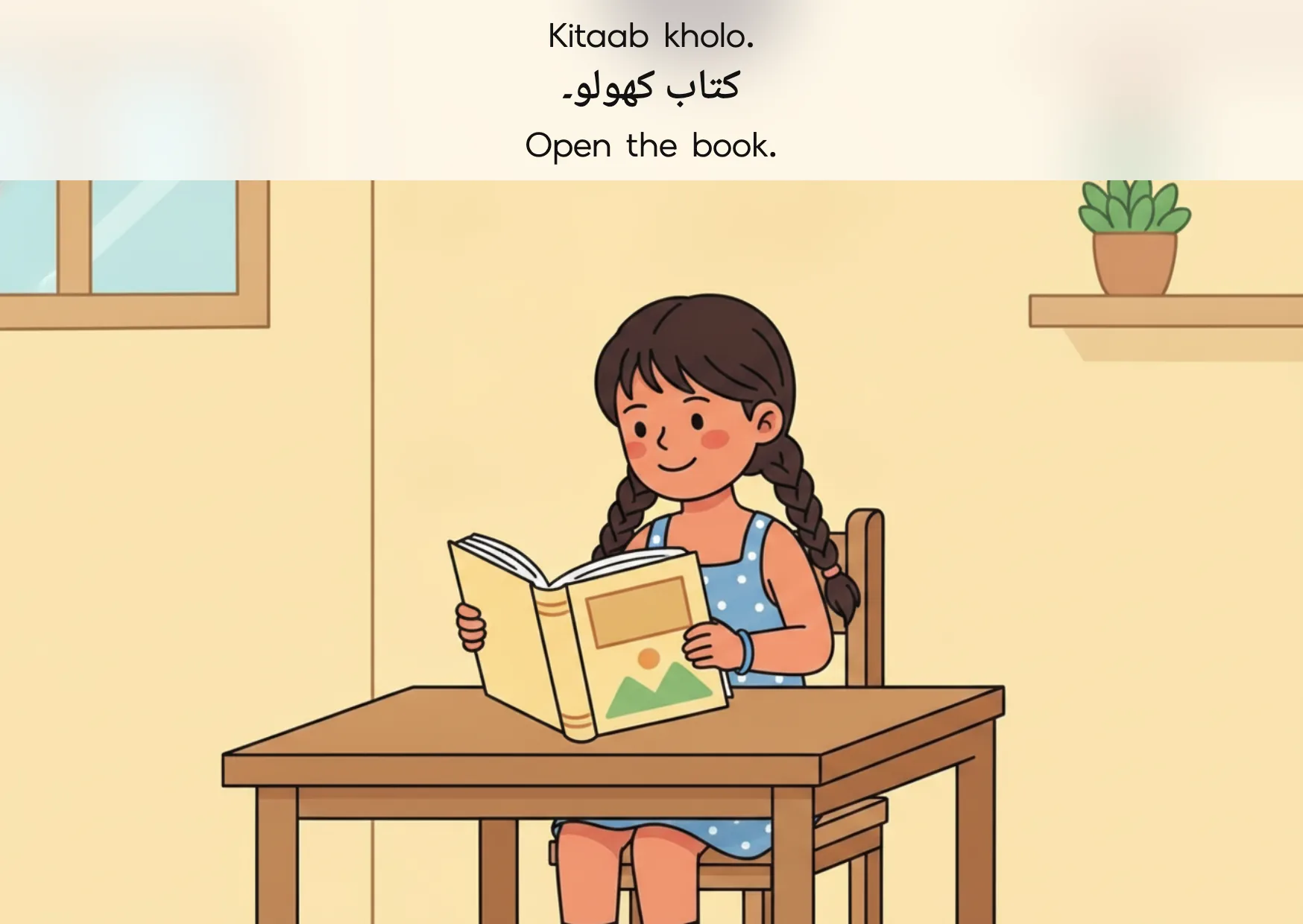 Flashcard: Open the book. (کتاب کھولو۔)