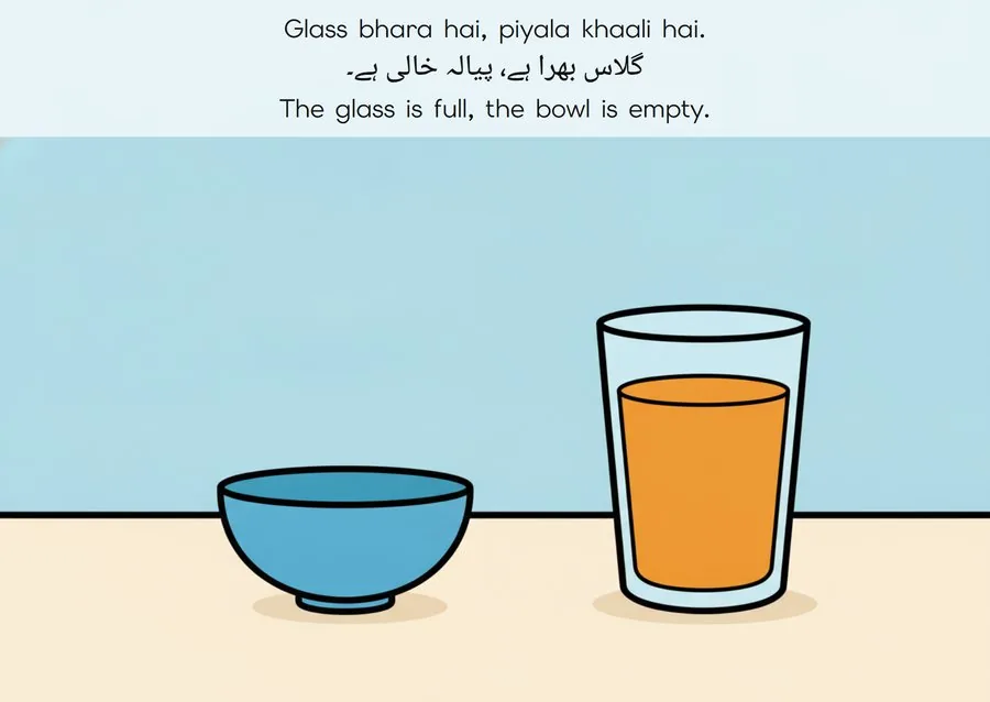 Flashcard: The glass is full, the bowl is empty. (گلاس بھرا ہے، پیالہ خالی ہے۔)