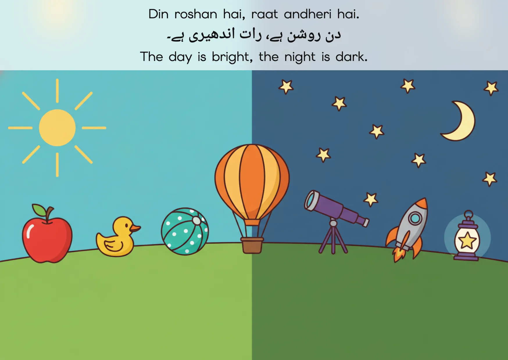Flashcard: The day is bright, the night is dark. (دن روشن ہے، رات اندھیری ہے۔)