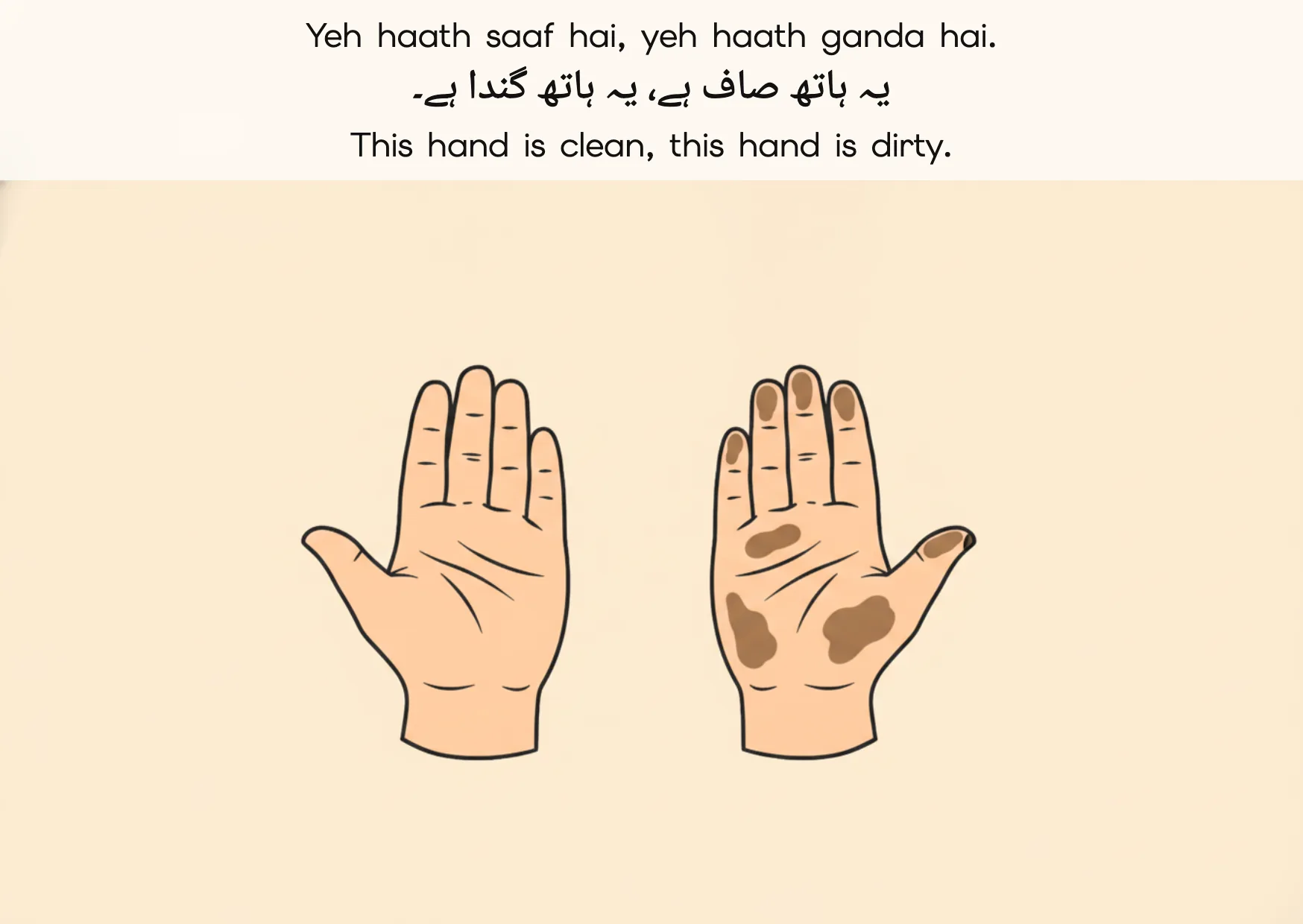 Flashcard: This hand is clean, this hand is dirty. (یہ ہاتھ صاف ہے، یہ ہاتھ گندا ہے۔)