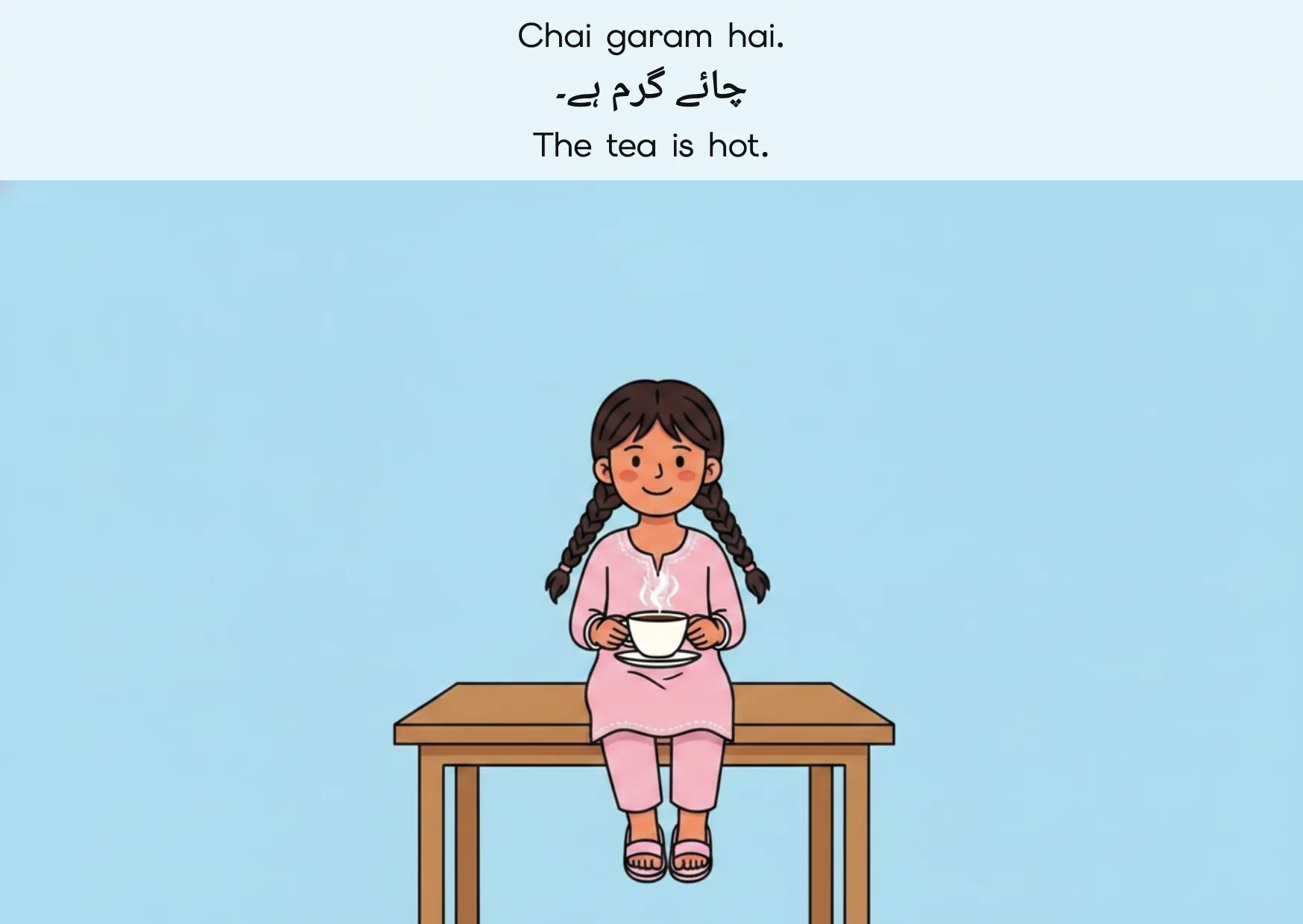 Flashcard: The tea is hot. (چائے گرم ہے۔)