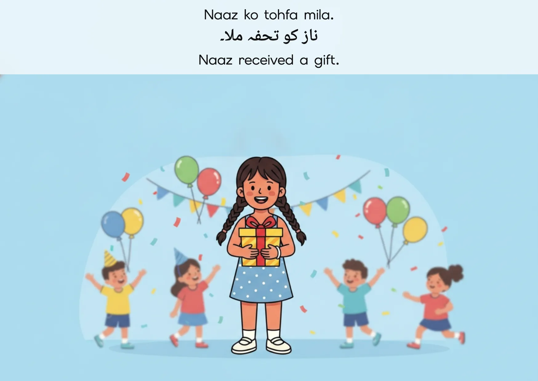 Flashcard: Naaz received a gift. (ناز کو تحفہ ملا۔)
