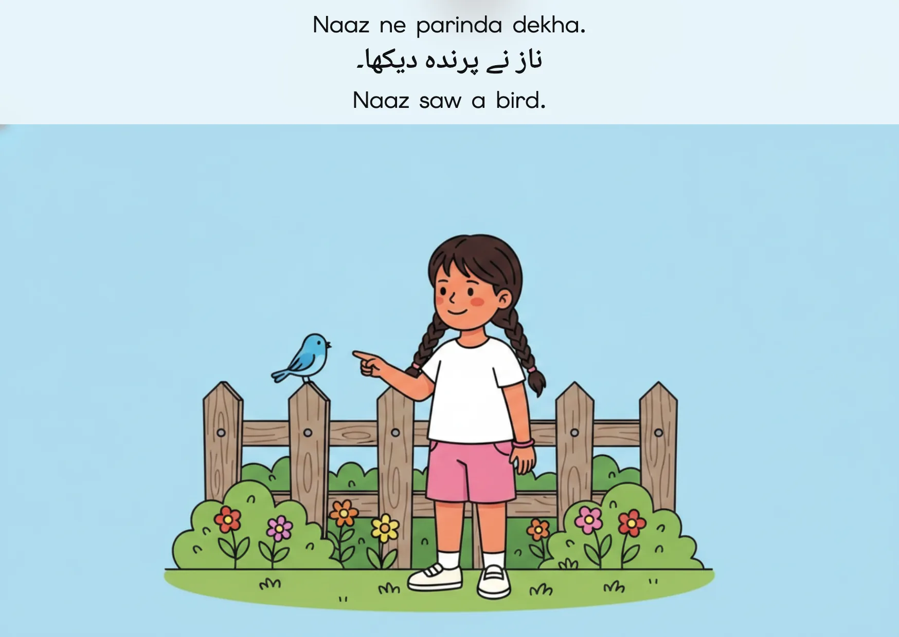 Flashcard: Naaz saw a bird. (ناز نے پرندہ دیکھا۔)