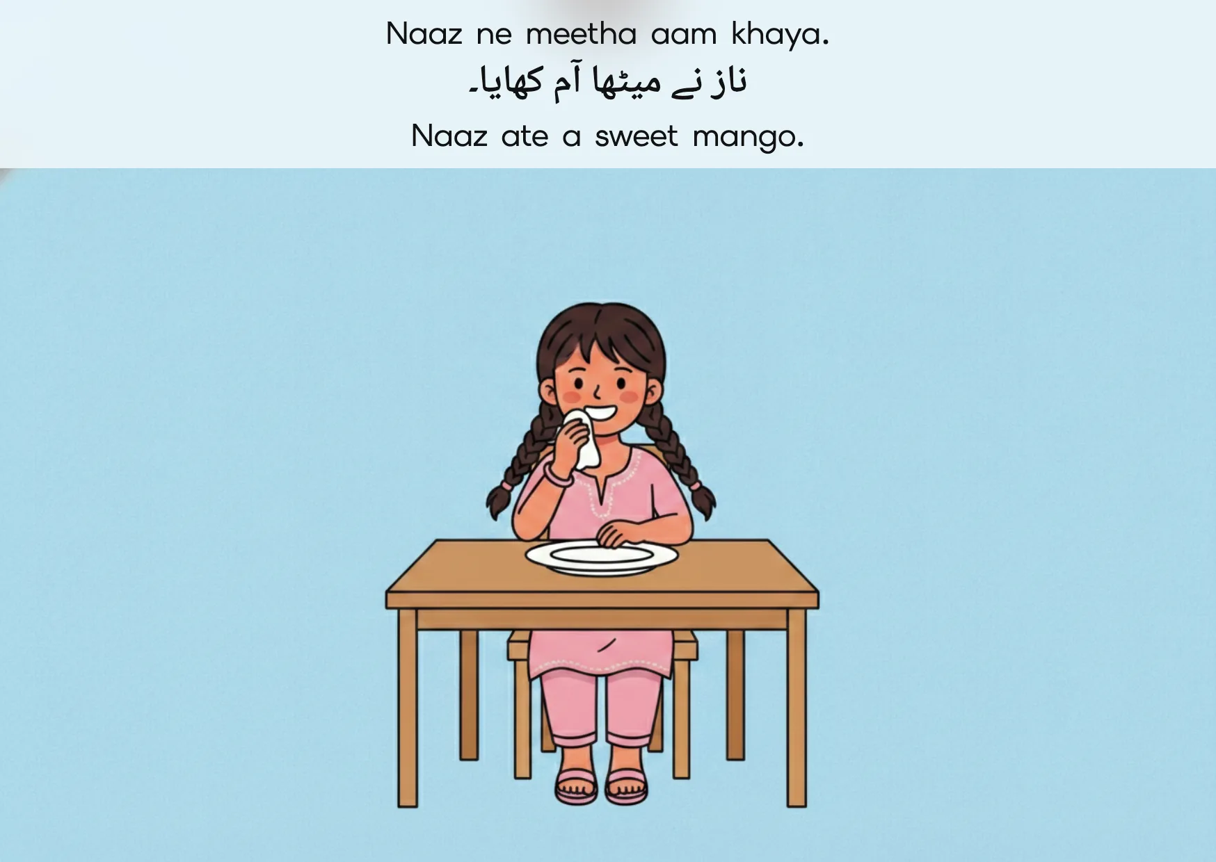 Flashcard: Naaz ate a sweet mango. (ناز نے میٹھا آم کھایا۔)