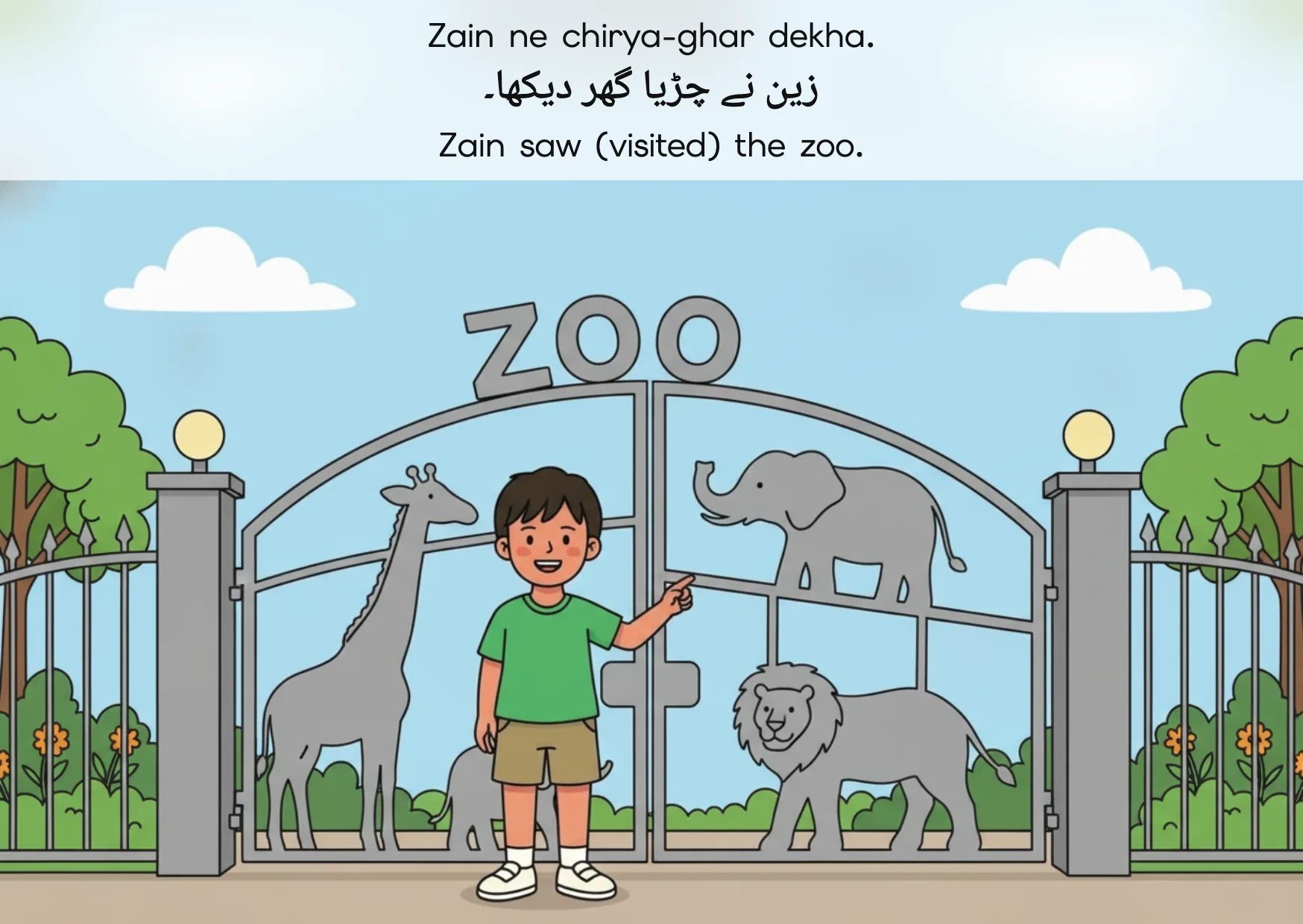 Flashcard: Zain saw (visited) the zoo. (زین نے چڑیا گھر دیکھا۔)