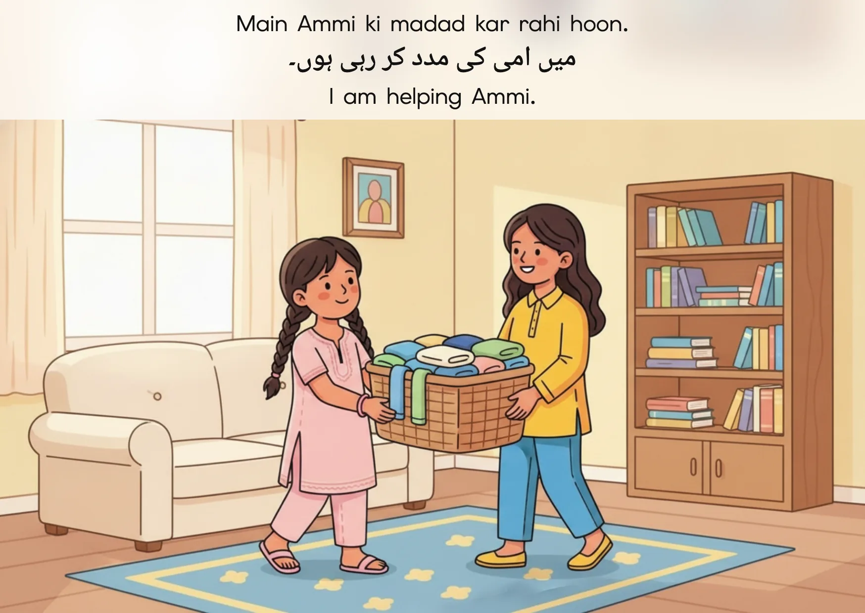 Flashcard: I am helping Ammi. (میں امی کی مدد کر رہی ہوں۔)