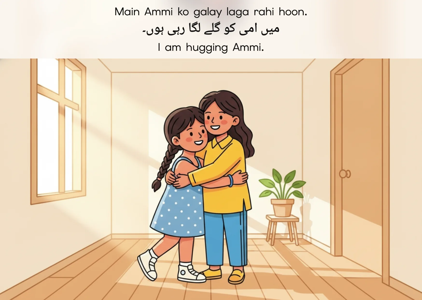 Flashcard: I am hugging Ammi. (میں امی کو گلے لگا رہی ہوں۔)