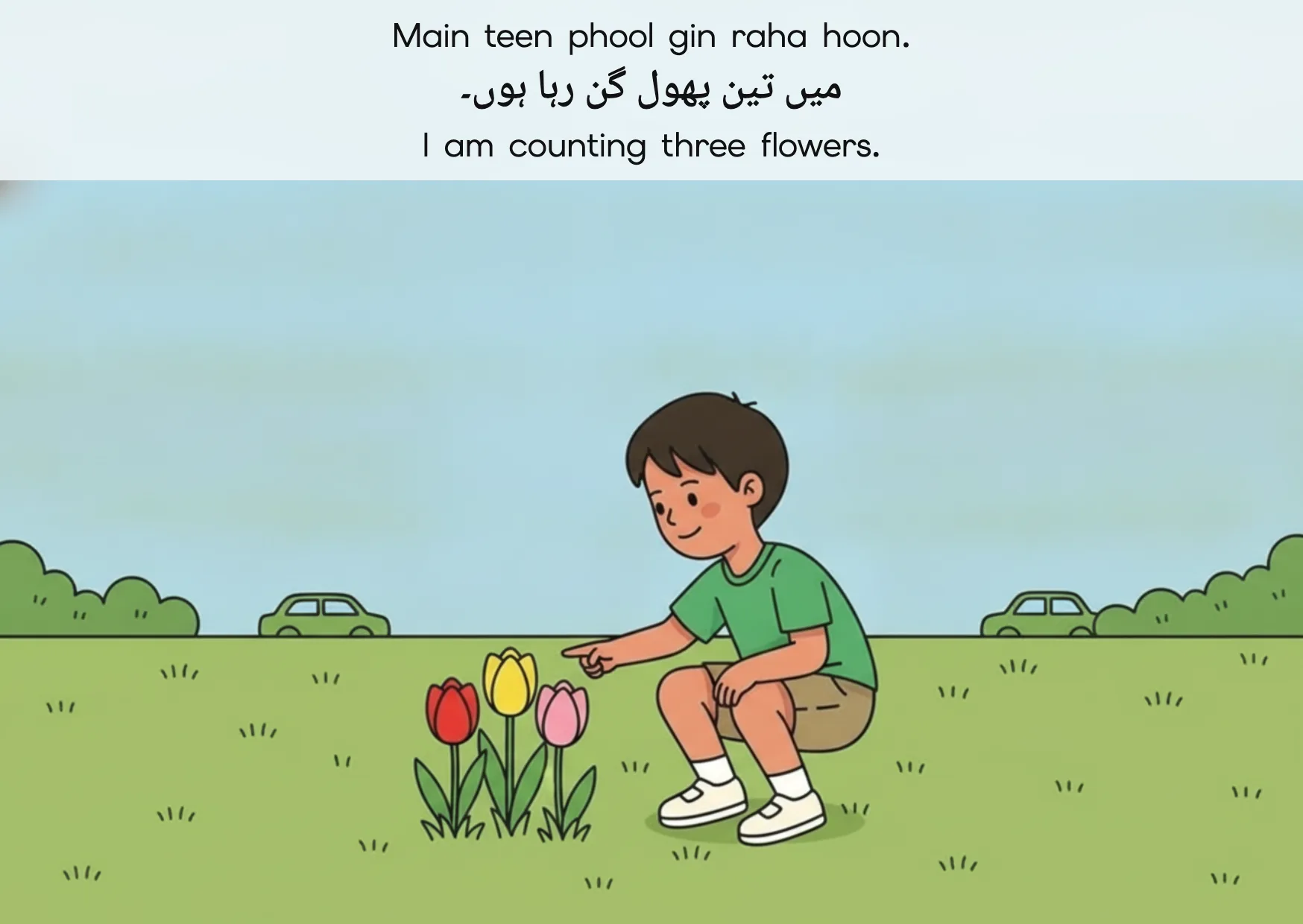 Flashcard: I am counting three flowers. (میں تین پھول گن رہا ہوں۔)