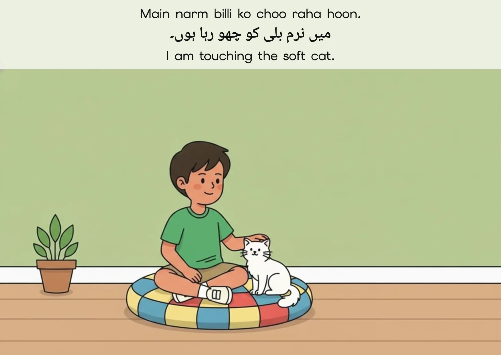 Flashcard: I am touching the soft cat. (میں نرم بلی کو چھو رہا ہوں۔)