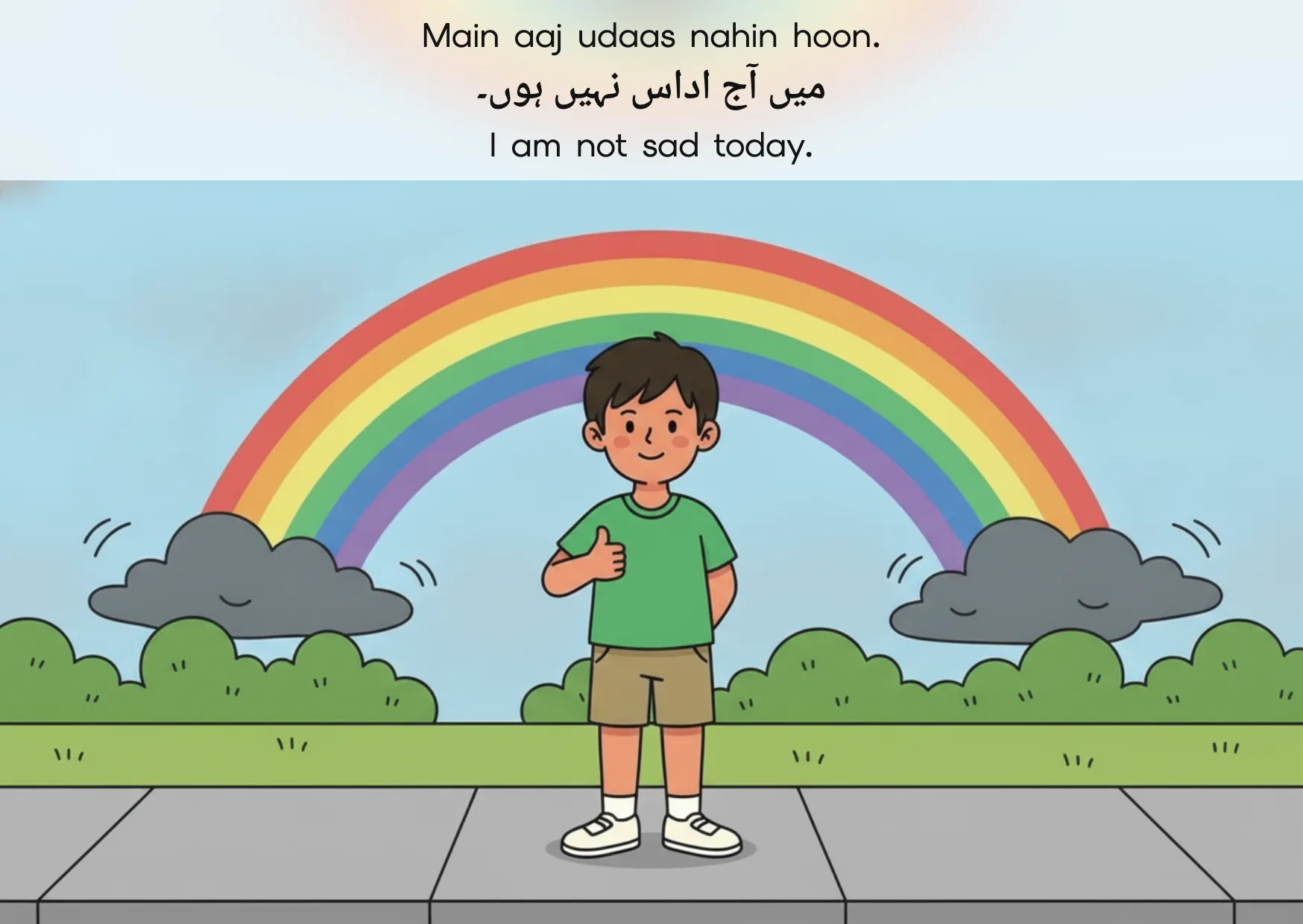 Flashcard: I am not sad today. (میں آج اداس نہیں ہوں۔)