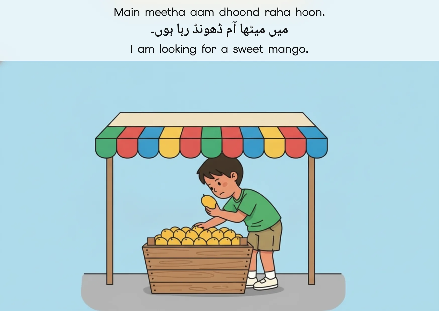 Flashcard: I am looking for a sweet mango. (میں میٹھا آم ڈھونڈ رہا ہوں۔)