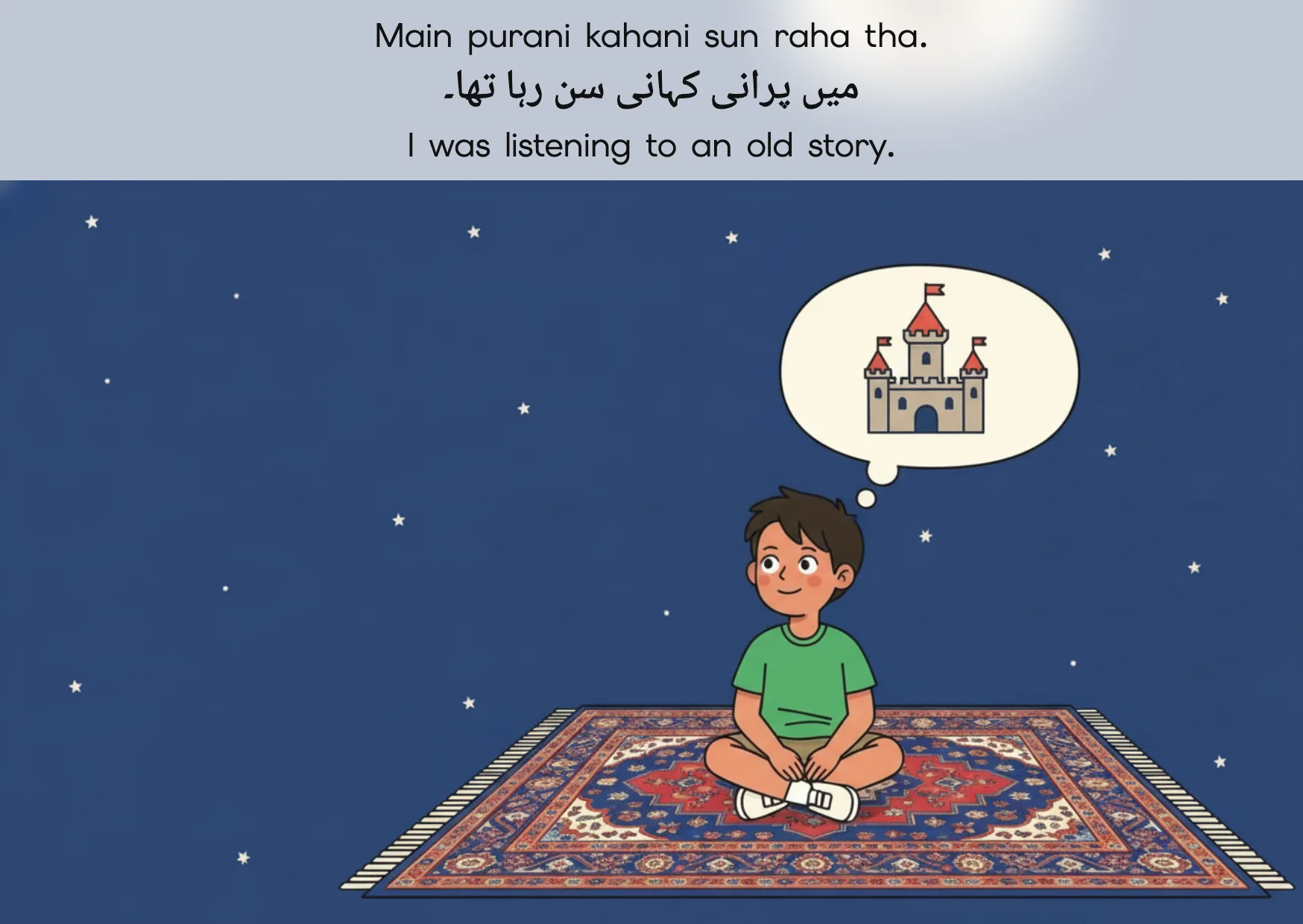 Flashcard: I was listening to an old story. (میں پرانی کہانی سن رہا تھا۔)