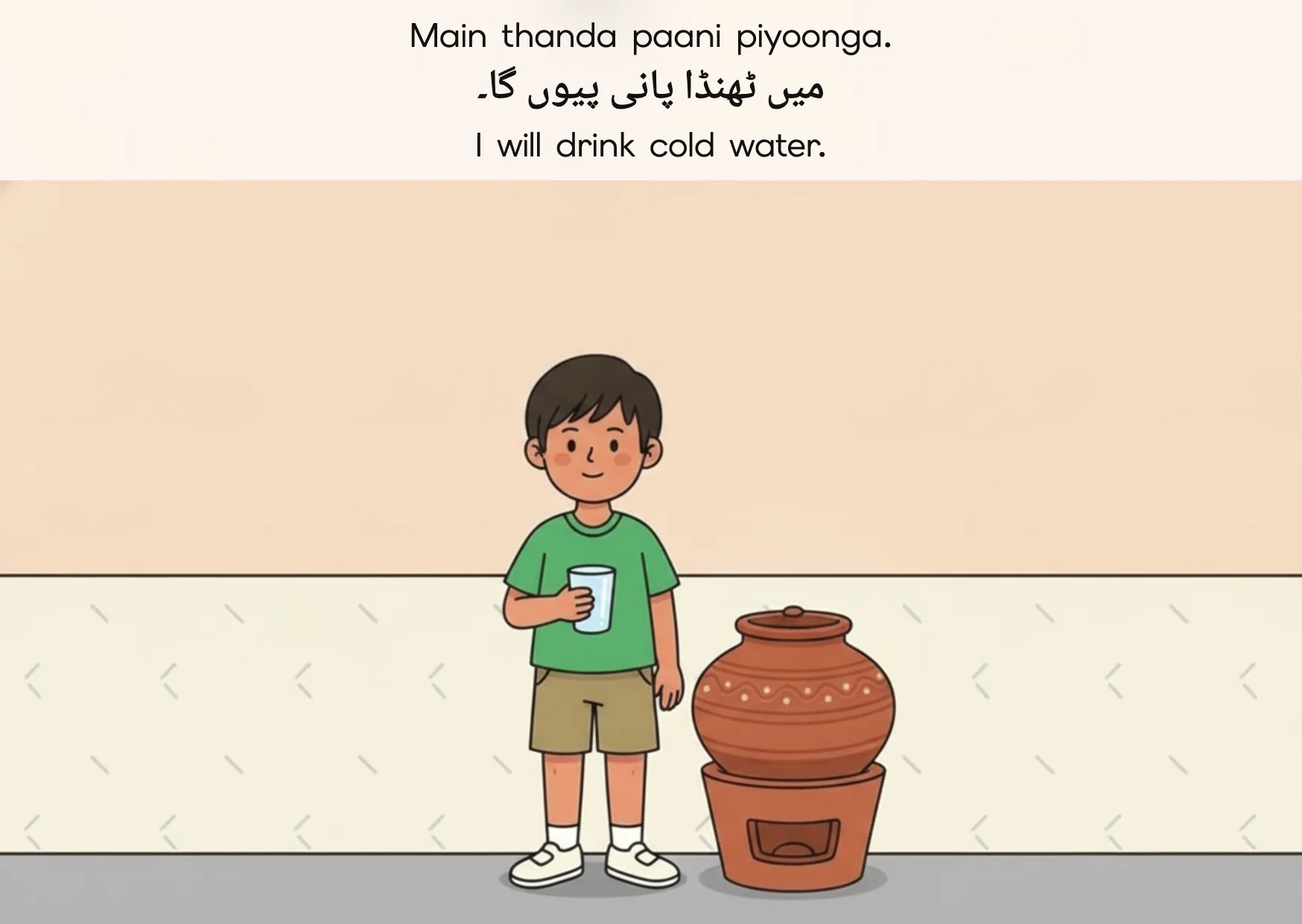 Flashcard: I will drink cold water. (میں ٹھنڈا پانی پیوں گا۔)