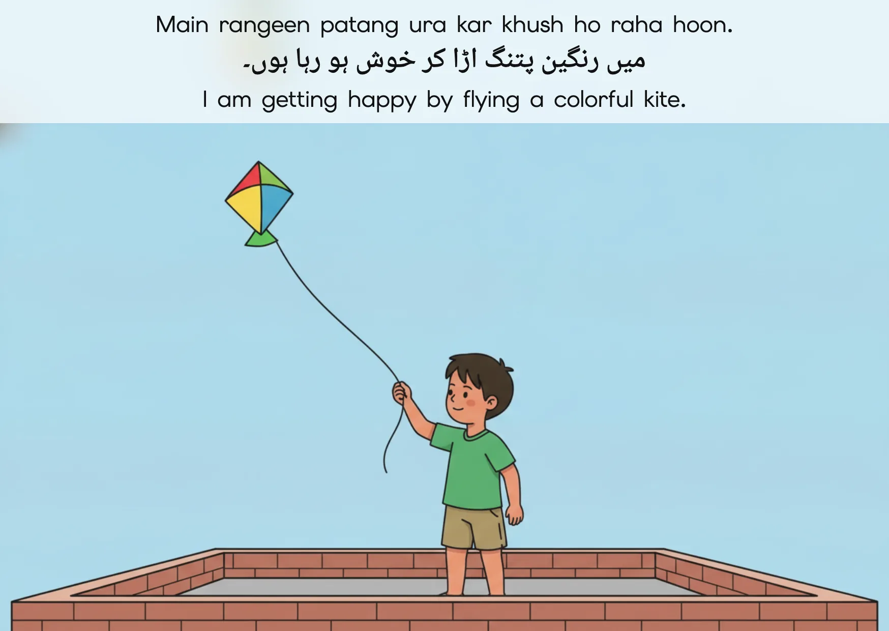 Flashcard: I am getting happy by flying a colorful kite. (میں رنگین پتنگ اڑا کر خوش ہو رہا ہوں۔)