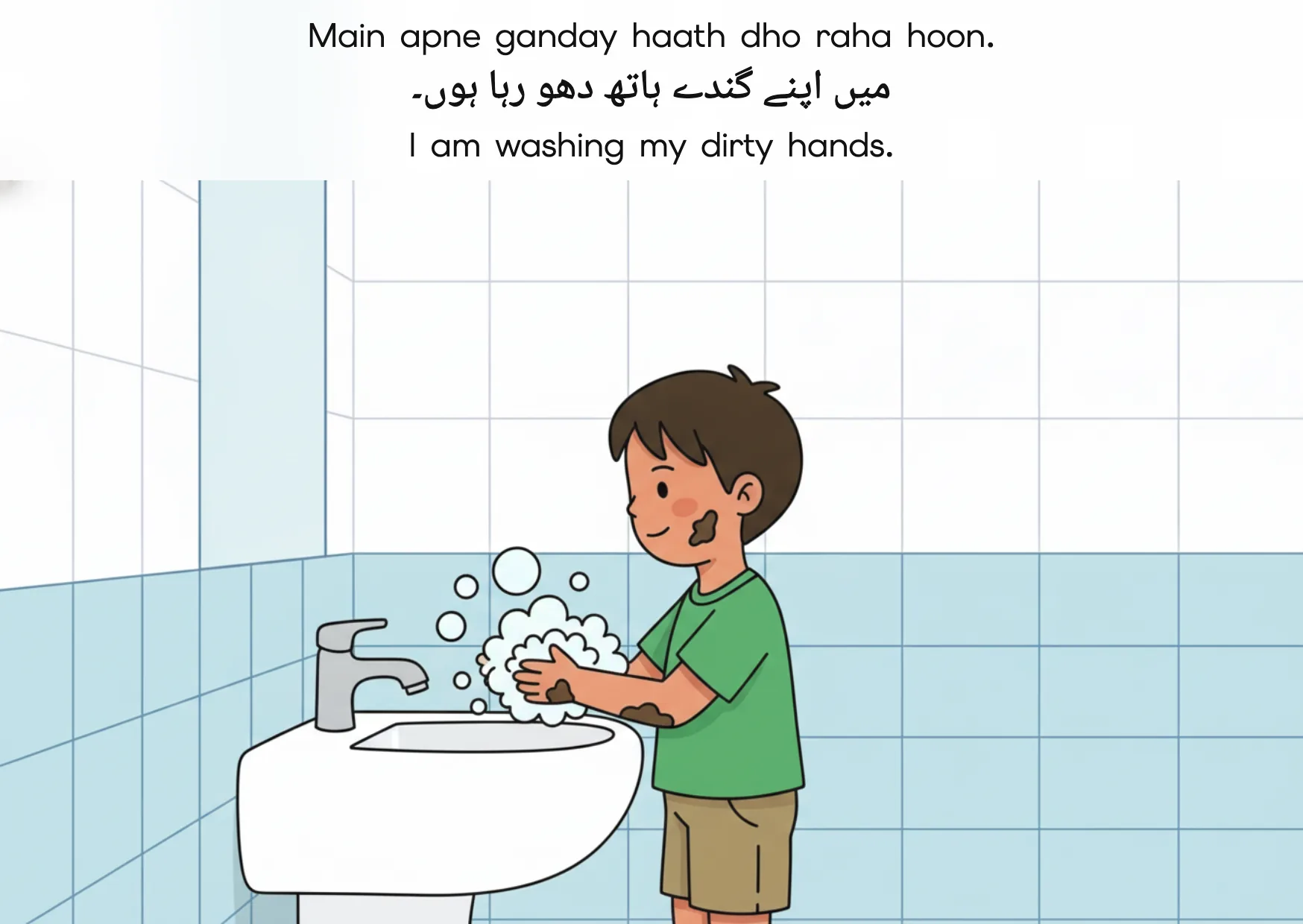 Flashcard: I am washing my dirty hands. (میں اپنے گندے ہاتھ دھو رہا ہوں۔)