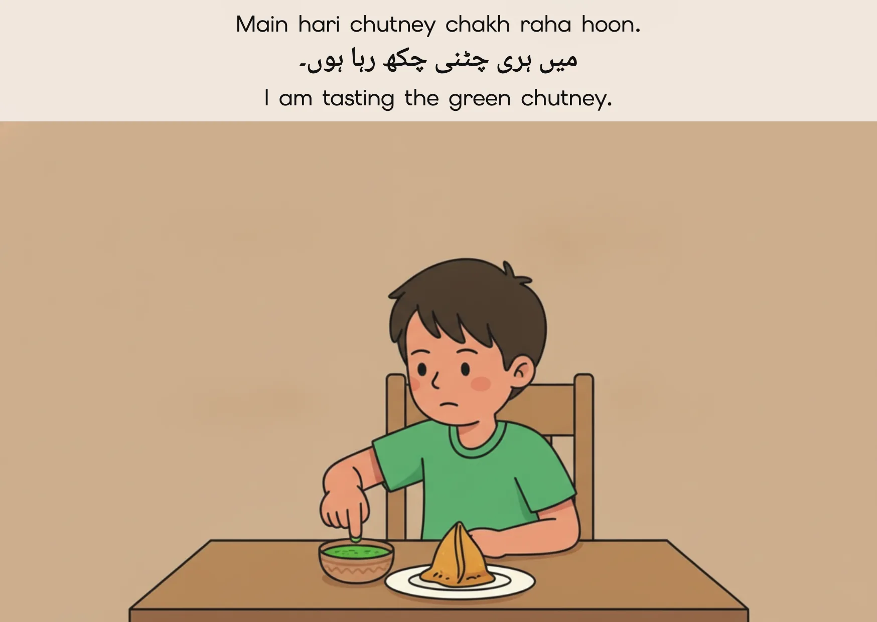 Flashcard: I am tasting the green chutney. (میں ہری چٹنی چکھ رہا ہوں۔)