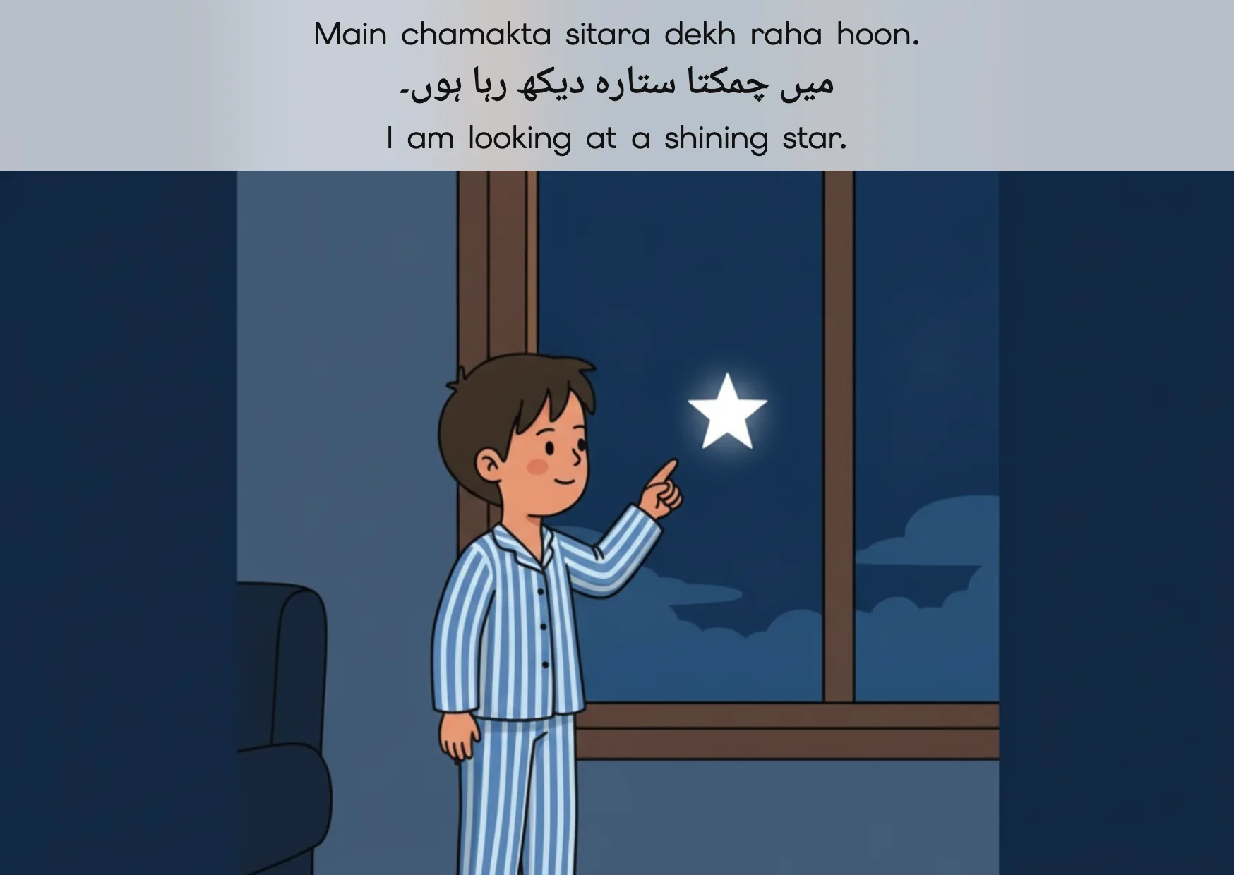 Flashcard: I am looking at a shining star. (میں چمکتا ستارہ دیکھ رہا ہوں۔)