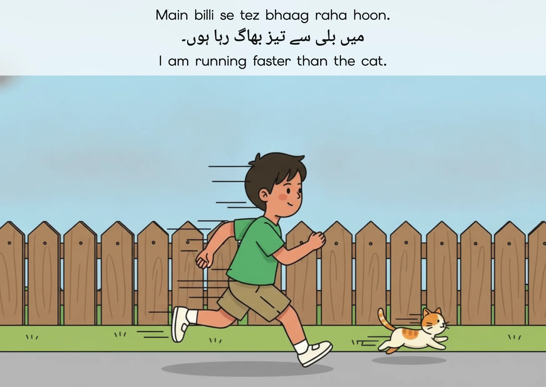 Flashcard: I am running faster than the cat. (میں بلی سے تیز بھاگ رہا ہوں۔)