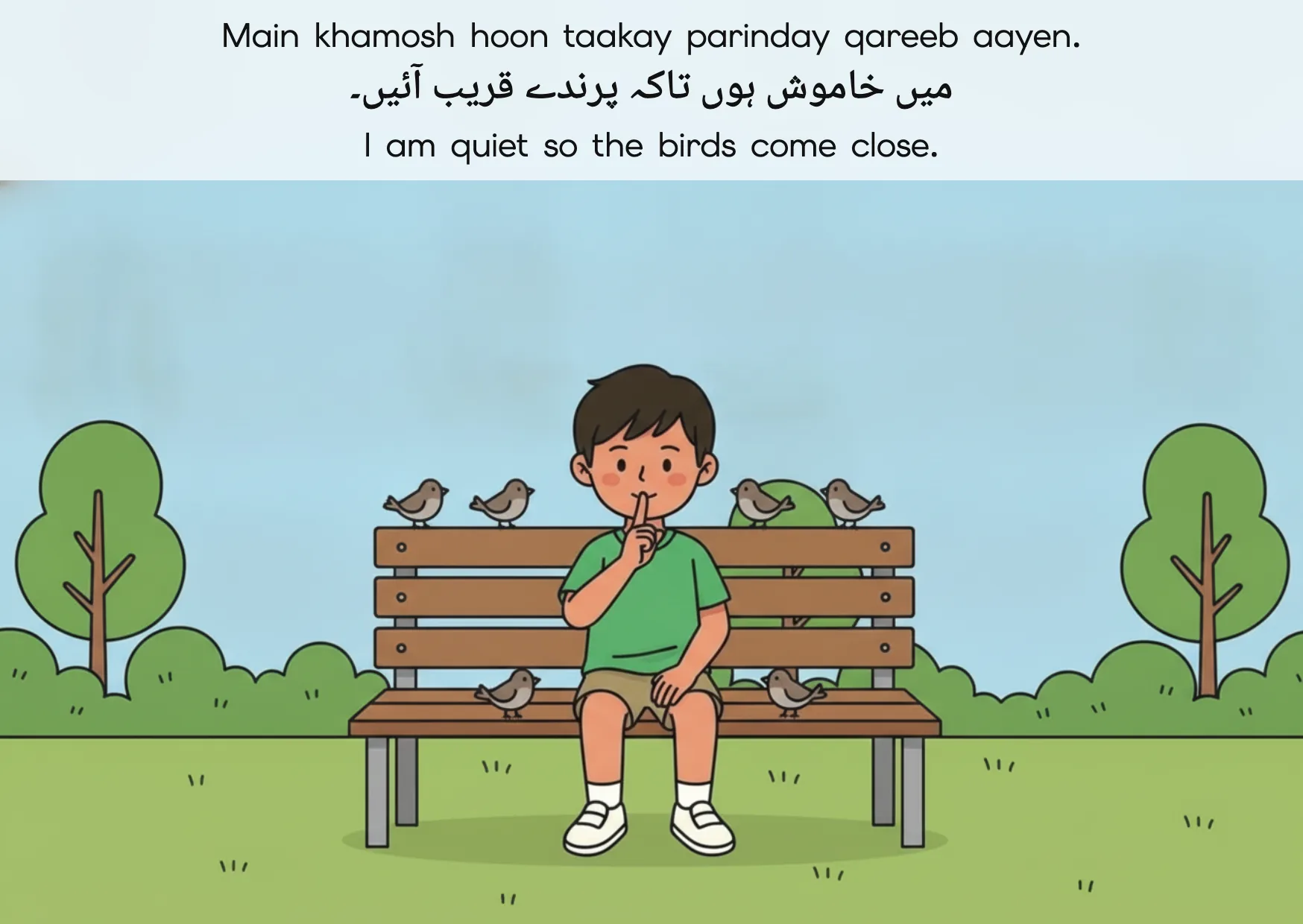 Flashcard: I am quiet so the birds come close. (میں خاموش ہوں تاکہ پرندے قریب آئیں۔)
