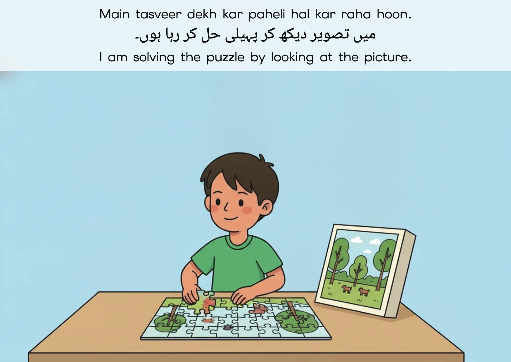 Flashcard: I am solving the puzzle by looking at the picture. (میں تصویر دیکھ کر پہیلی حل کر رہا ہوں۔)