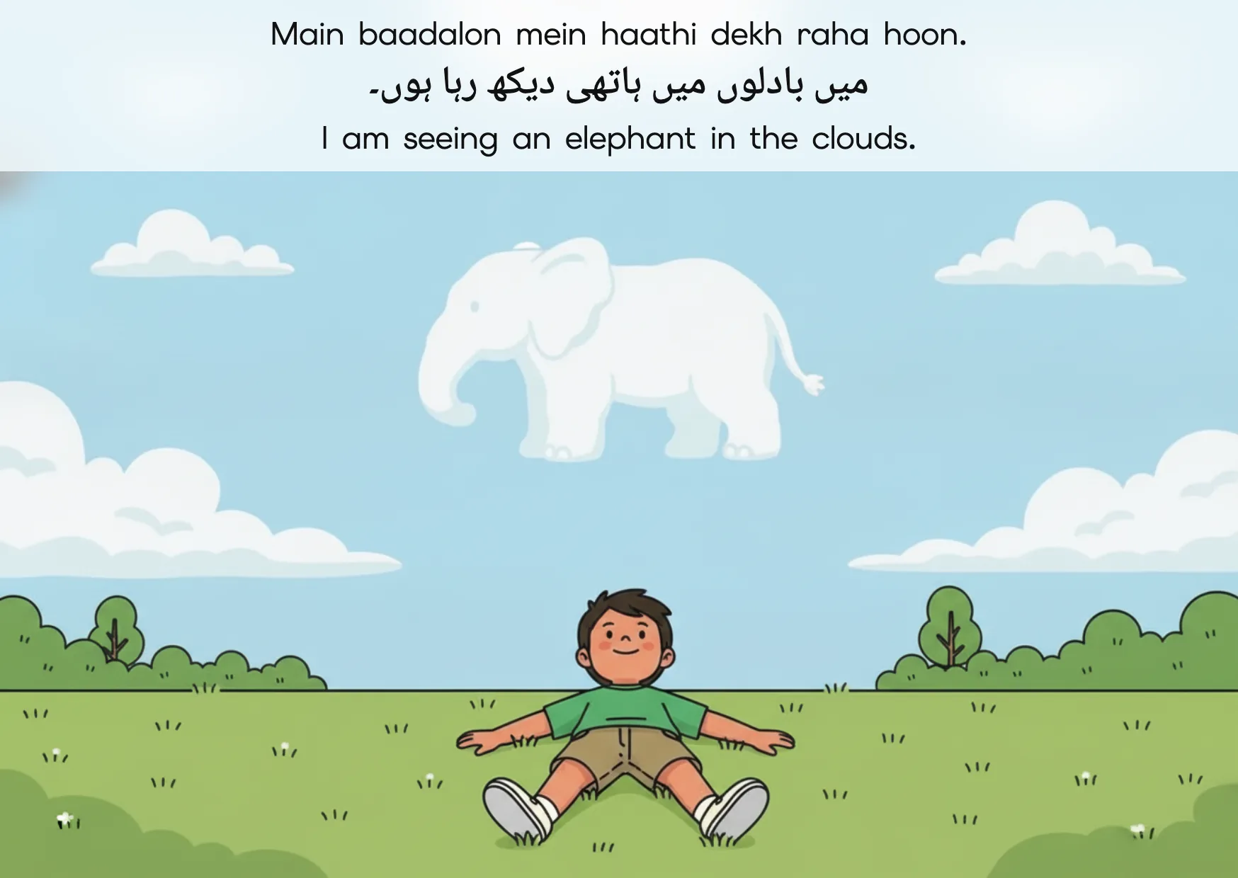 Flashcard: I am seeing an elephant in the clouds. (میں بادلوں میں ہاتھی دیکھ رہا ہوں۔)