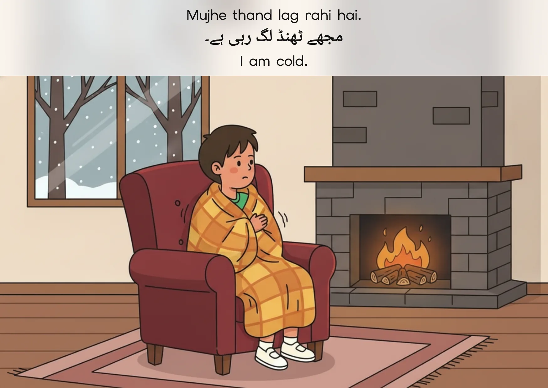 Flashcard: I am cold. (مجھے ٹھنڈ لگ رہی ہے۔)