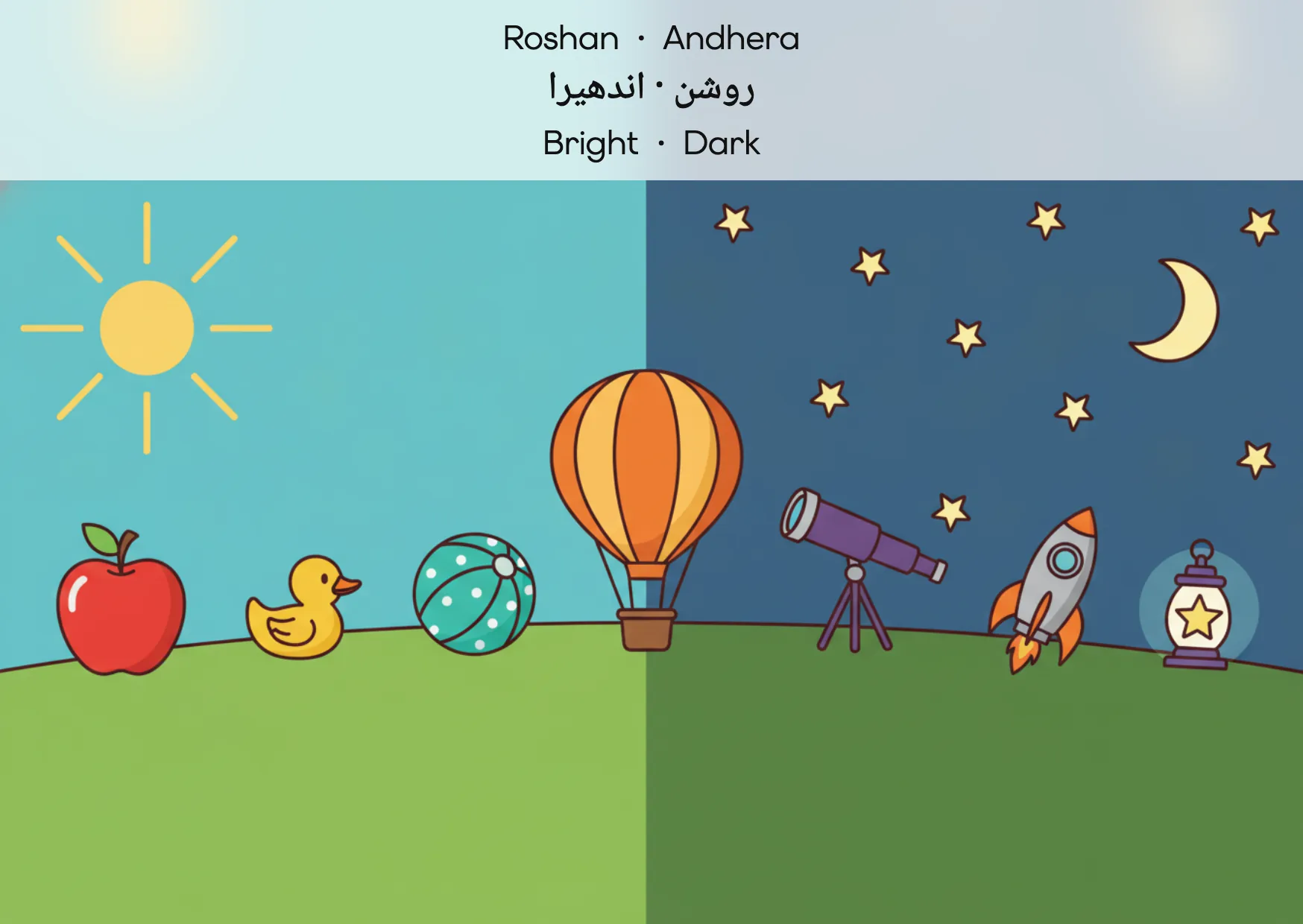 Flashcard: Bright · Dark (روشن · اندھیرا)